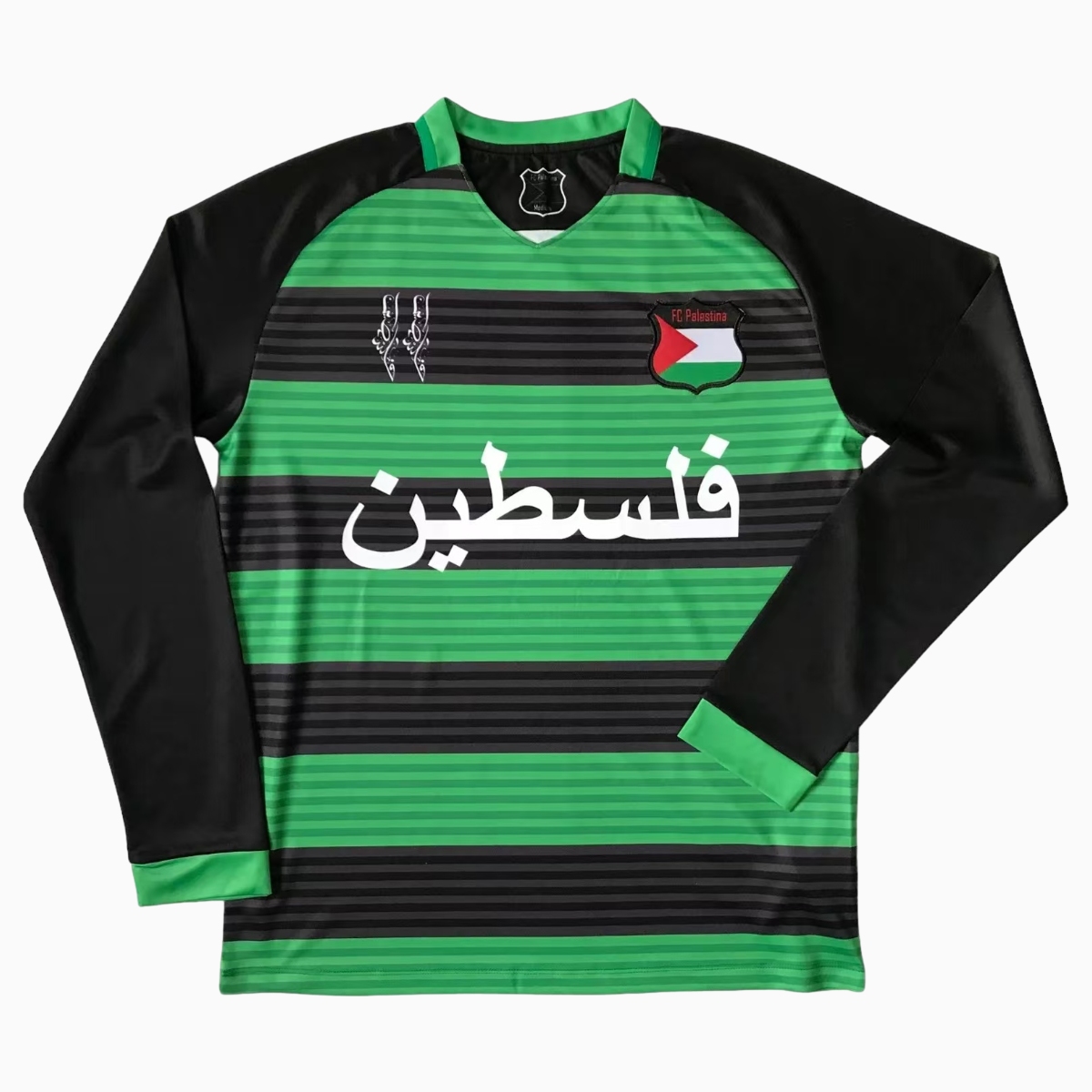 AlphaJersey-FC Palestina 24 - 25 Black and Green Horizontal Striped Long Sleeve Jersey - With Arabic and Patterns