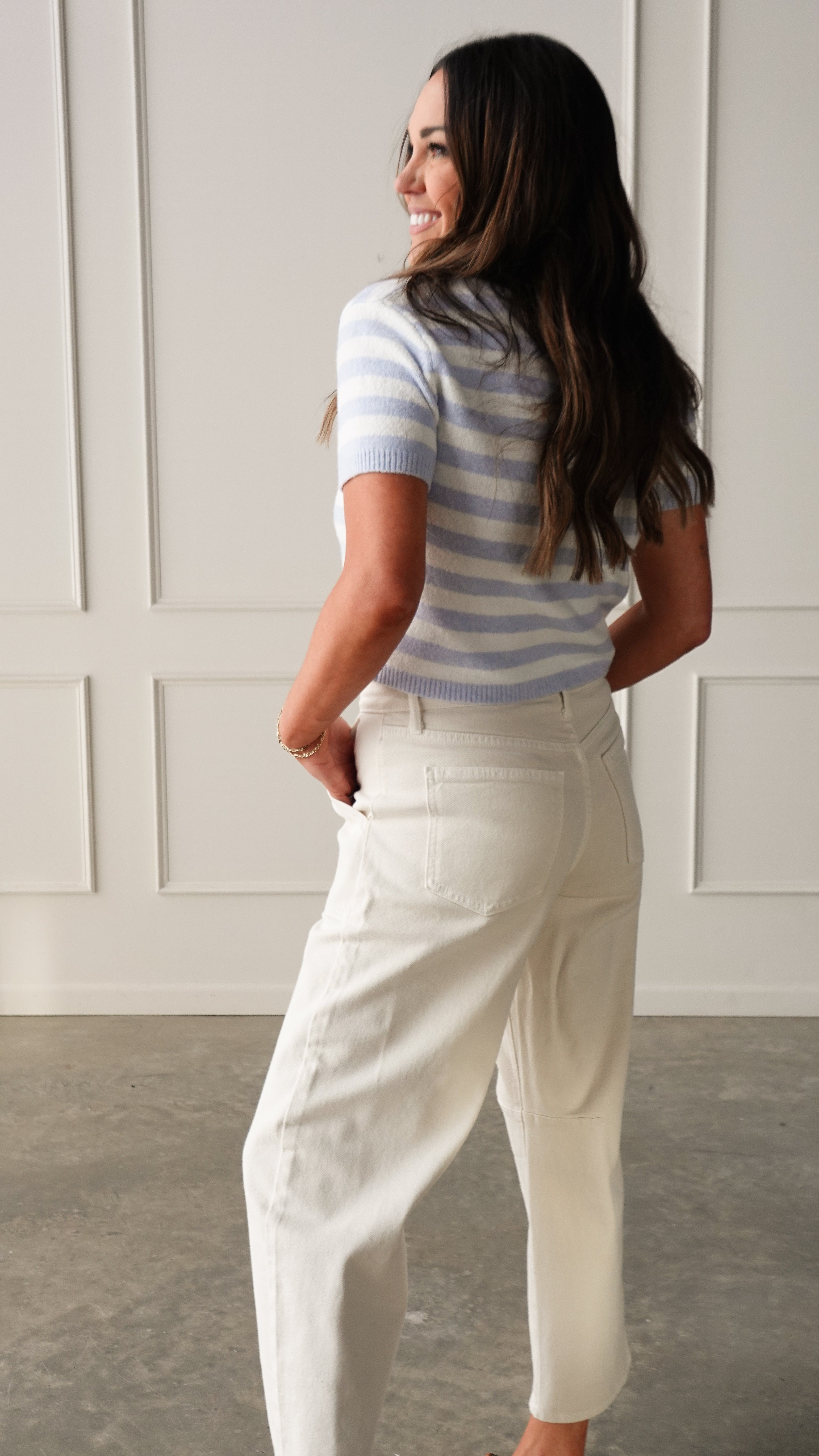 Light Blue Striped Cropped Cardigan | Elegant Women's Fashion by coolavocek
