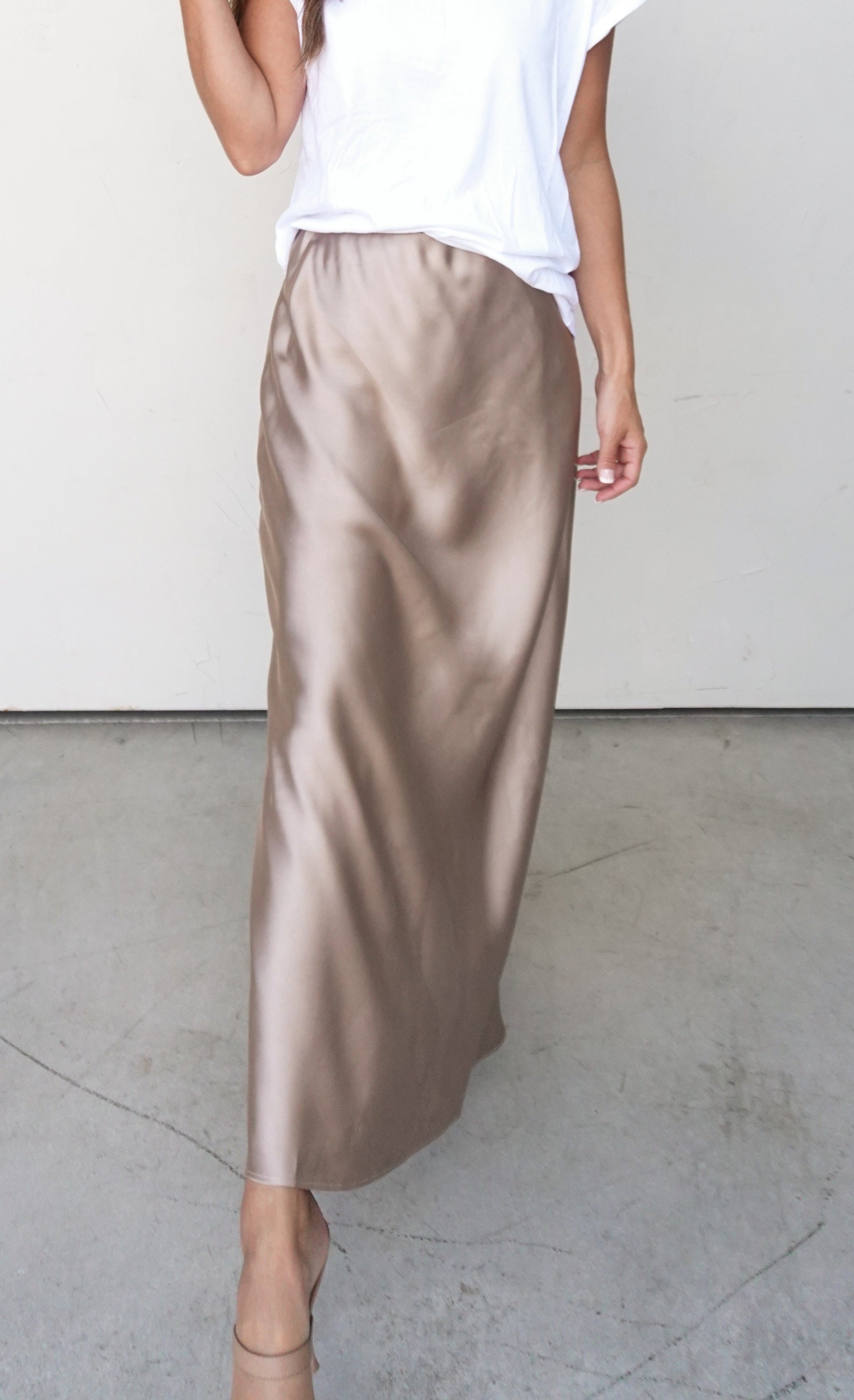 Champagne Satin Midi Skirt | Elegant Women's Fashion by coolavocek