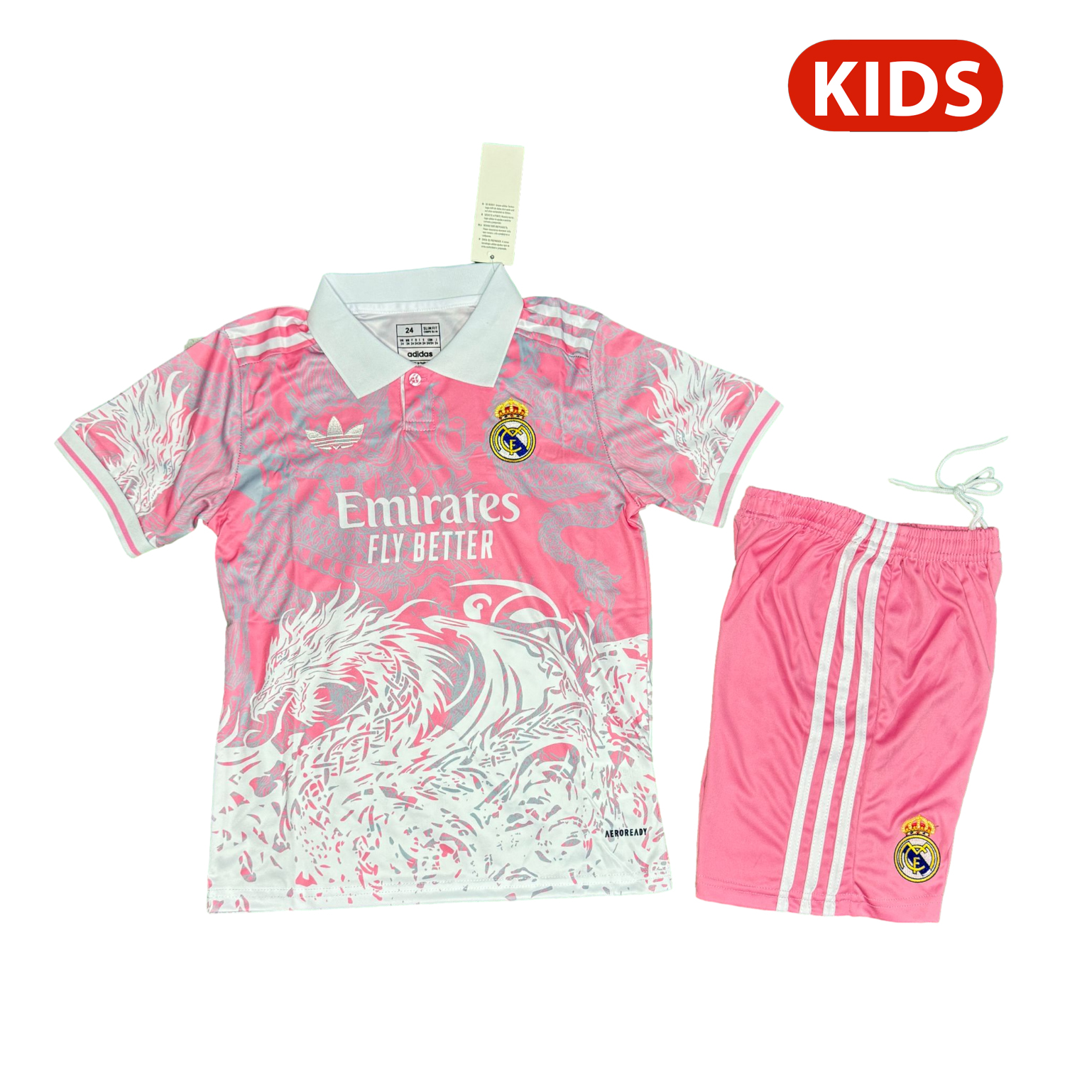 AlphaJersey-Real Madrid 25-26 White Fire Dragon Pink Special Polo Kids Kit