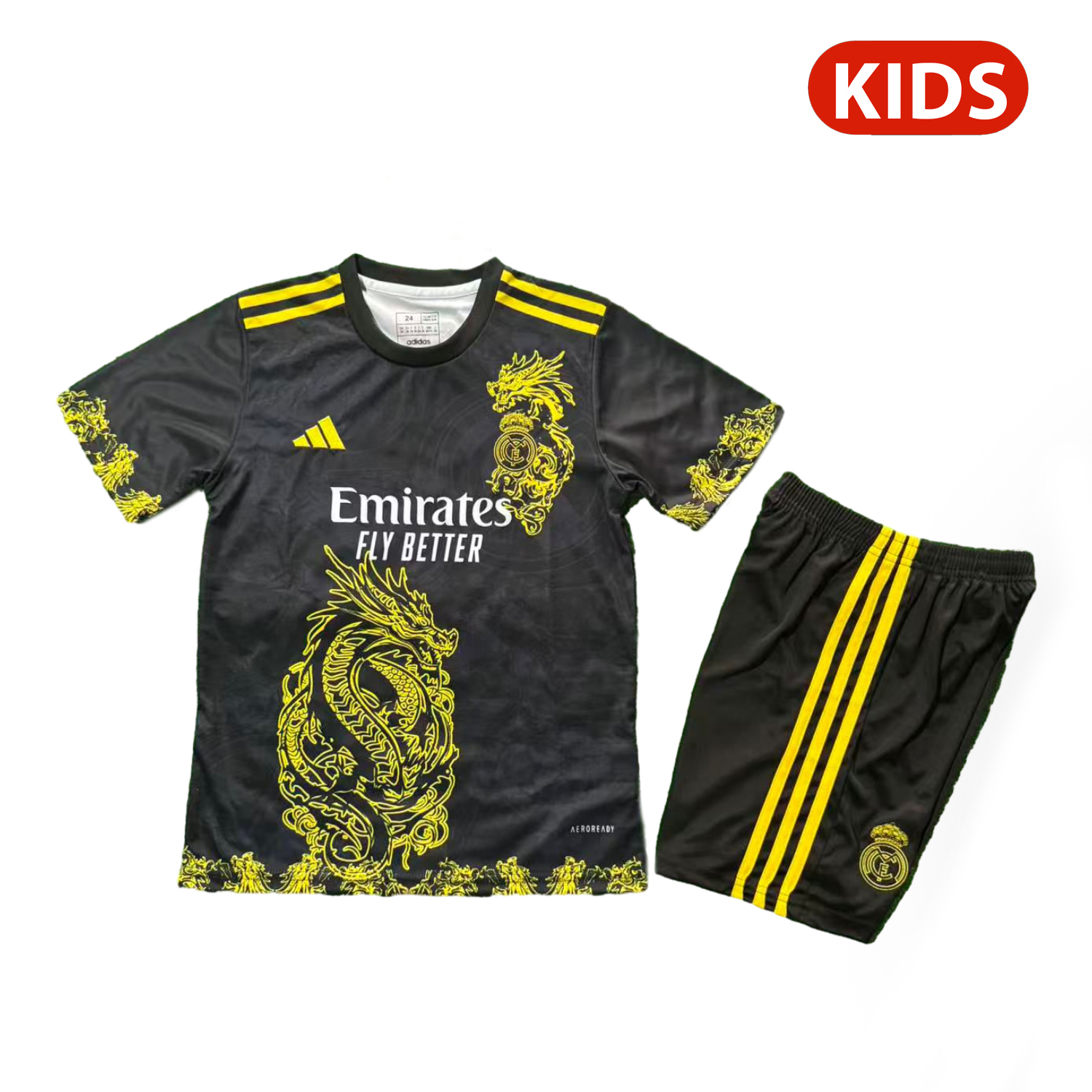 AlphaJersey-Real Madrid 25-26 Yellow Dragon Black Special Kids Kit