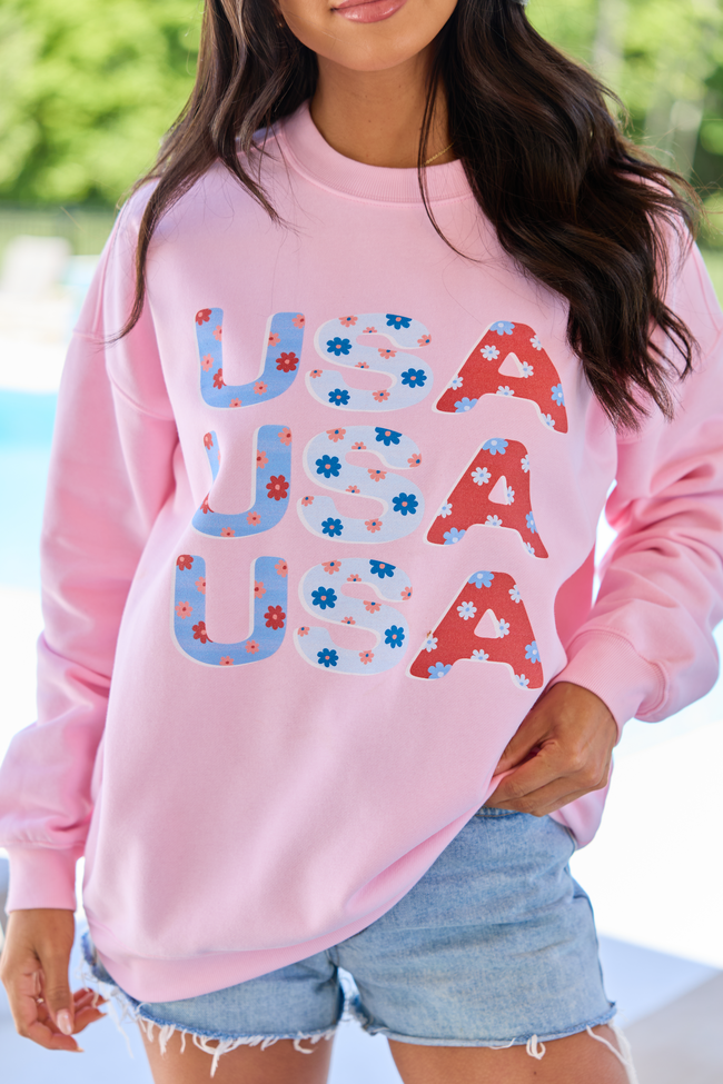 USA Floral Light Pink Oversized Graphic Sweatshirt DOORBUSTER | Elegant Women's Fashion by coolavocek