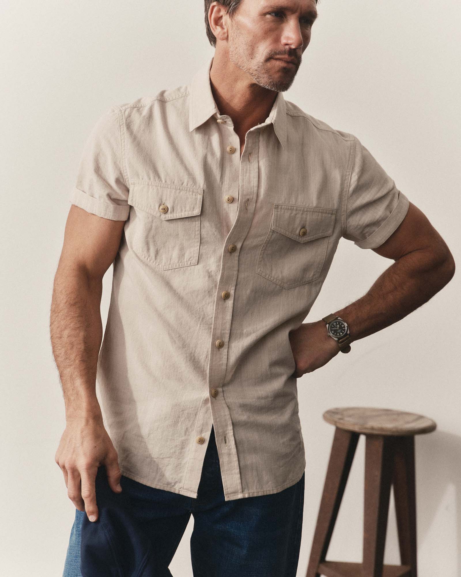 The Short Sleeve Crew Shirt in Natural Chambray | Modern Menswear by yycbvcnbmmnbm