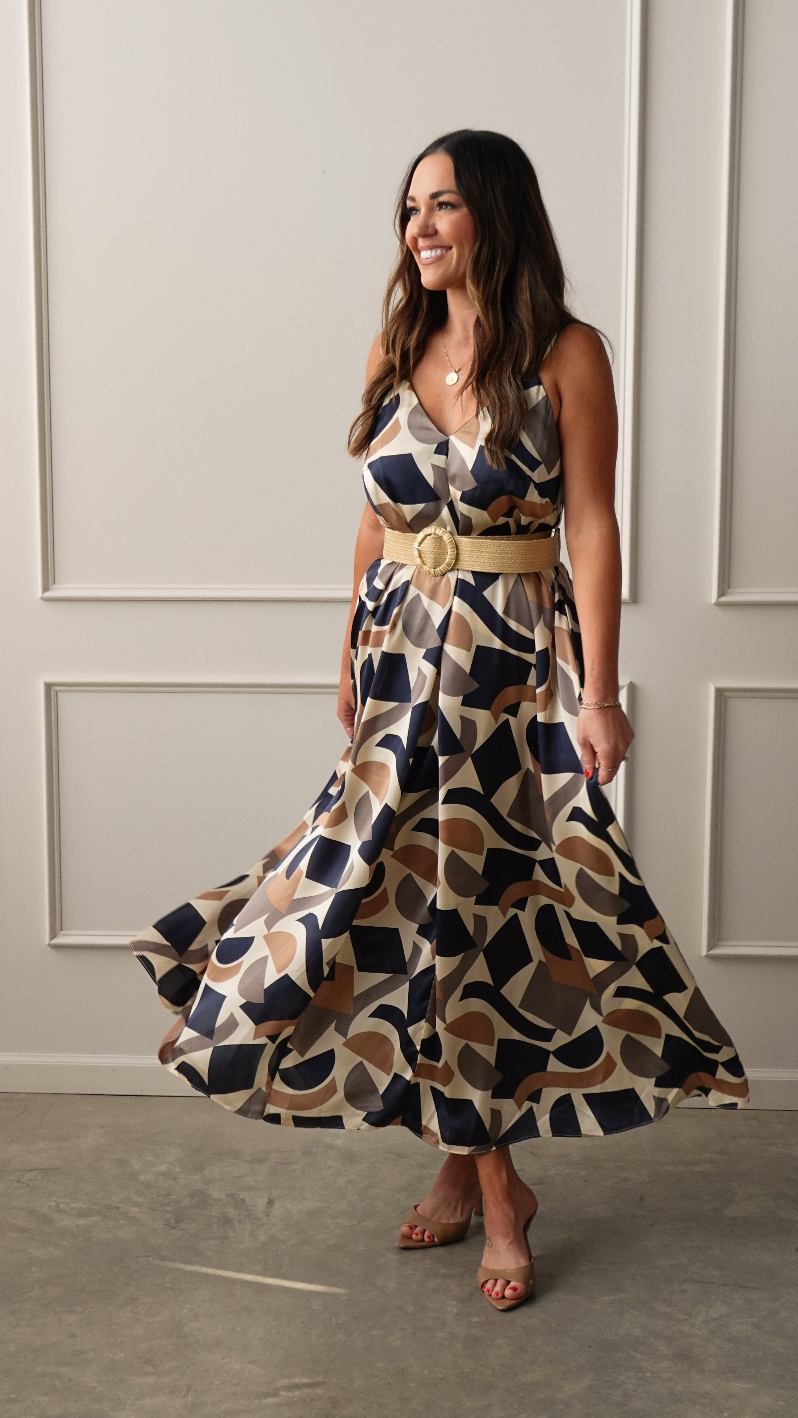Navy/Taupe Geometric Belted Dress | Elegant Women's Fashion by coolavocek