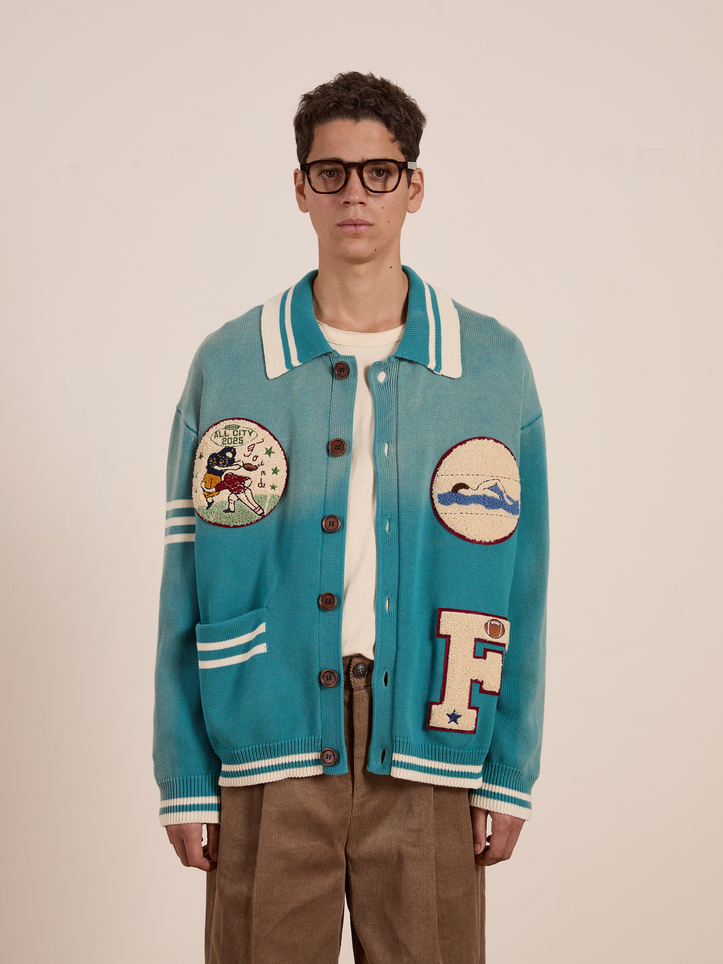 Fin Varsity Patch Collared Cardigan | Modern Menswear by yycbvcnbmmnbm