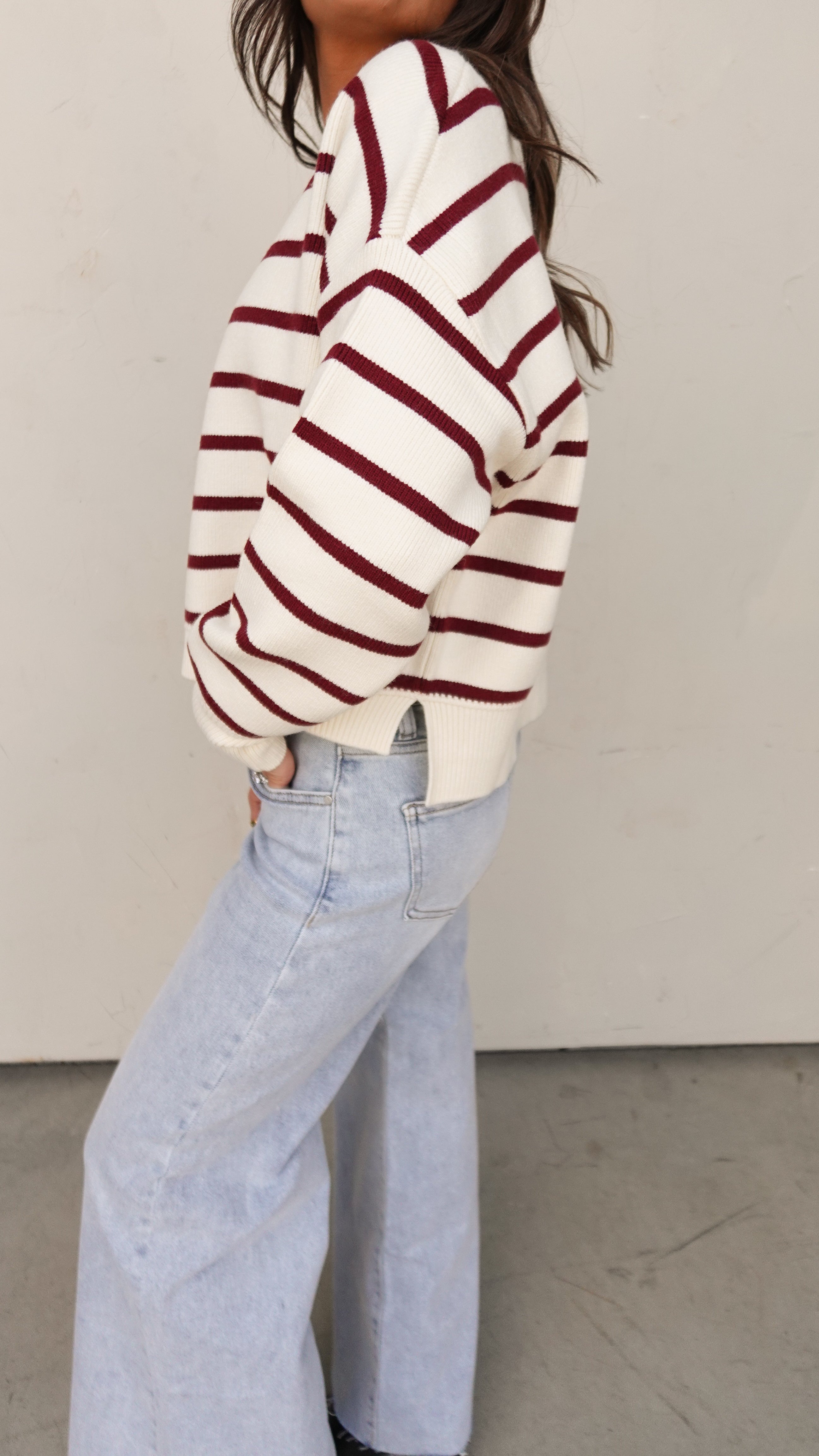 Ivory/Burgundy Striped Sweater | Elegant Women's Fashion by coolavocek