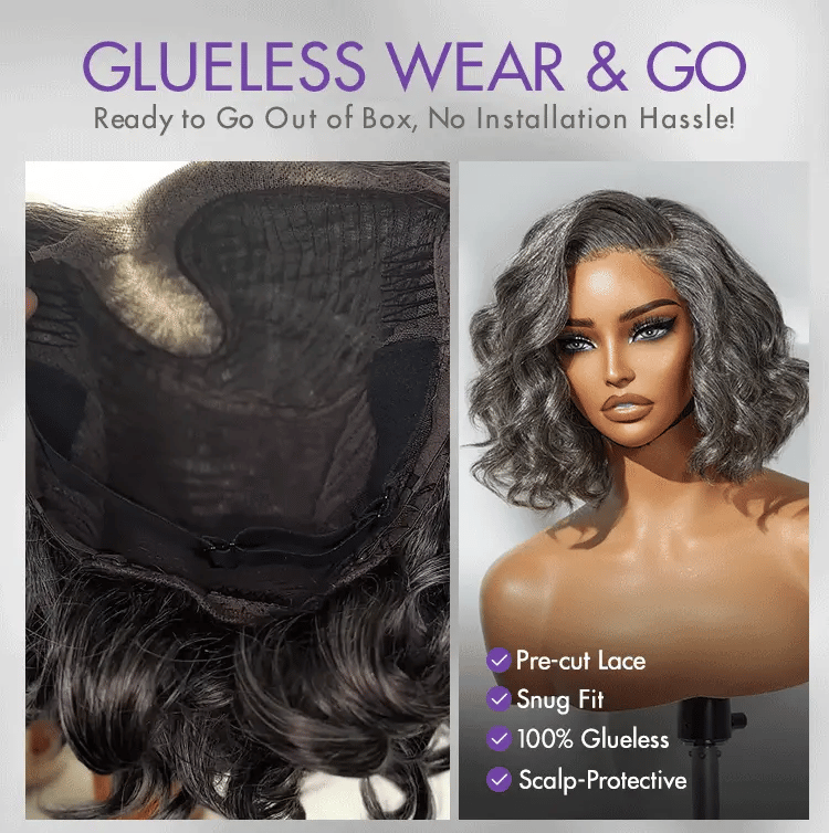 Elegant Salt & Pepper Grey Wig Loose Body Wave Glueless Minimalist Lace Short Wig Pre-Cut Lace