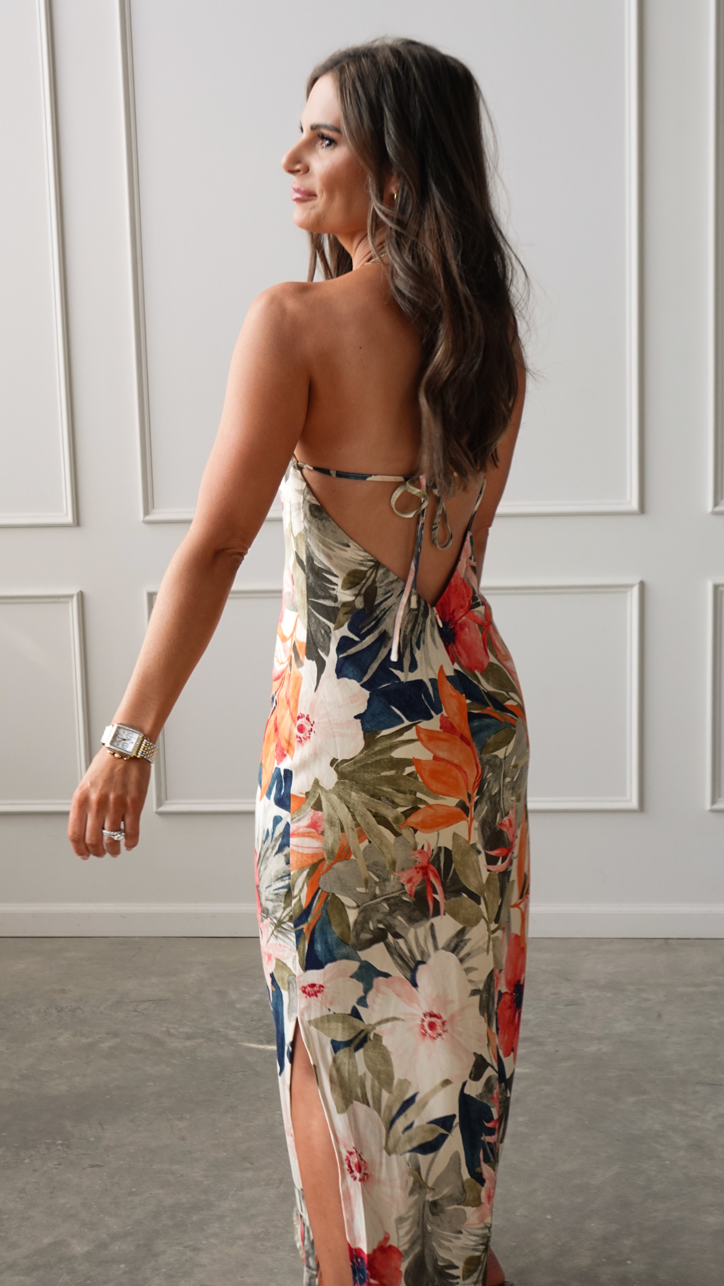 High-Neck Floral Linen Maxi Dress | Elegant Women's Fashion by coolavocek