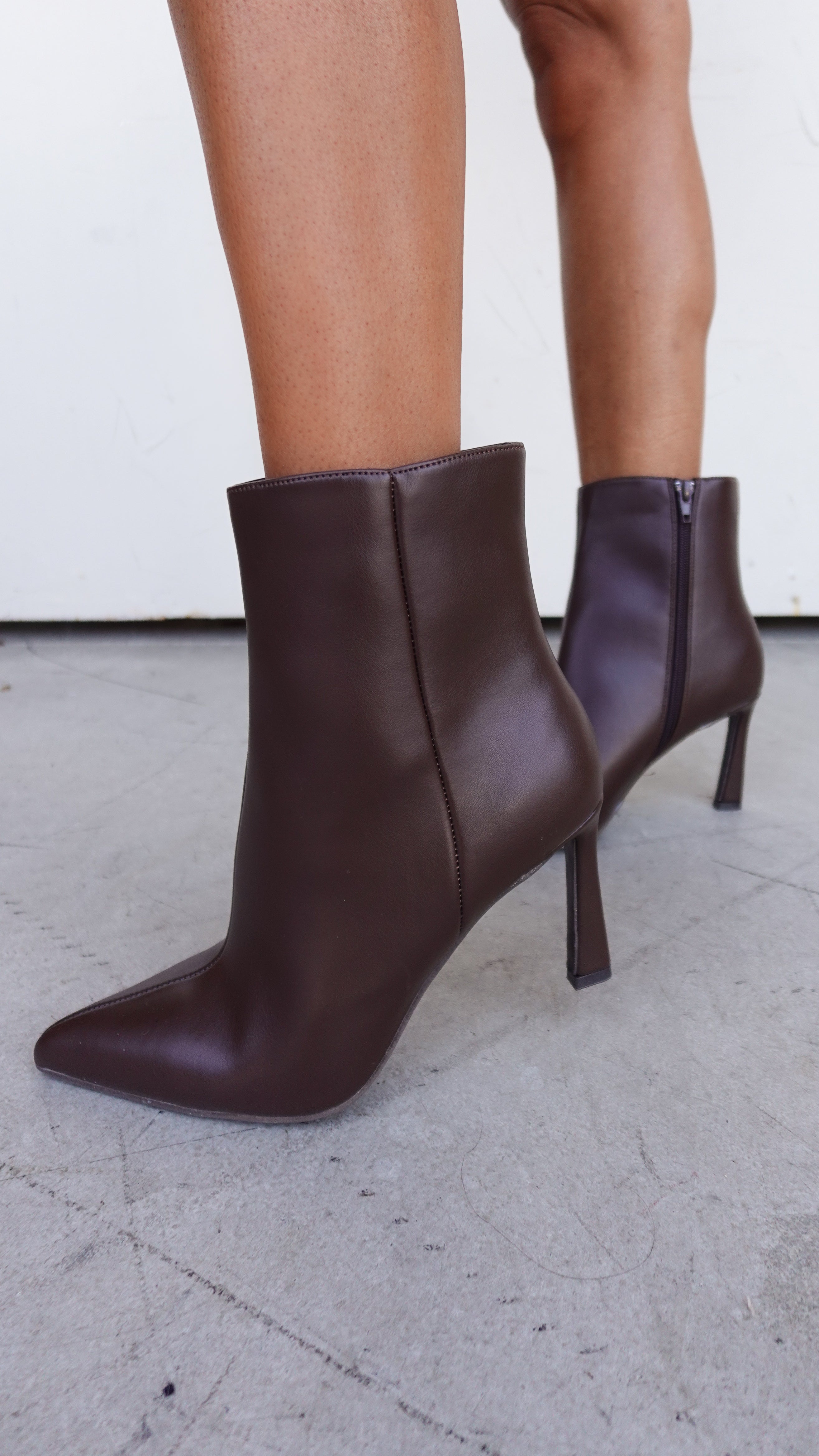 Brown Pointed Toe Faux Leather Bootie | Elegant Women's Fashion by coolavocek