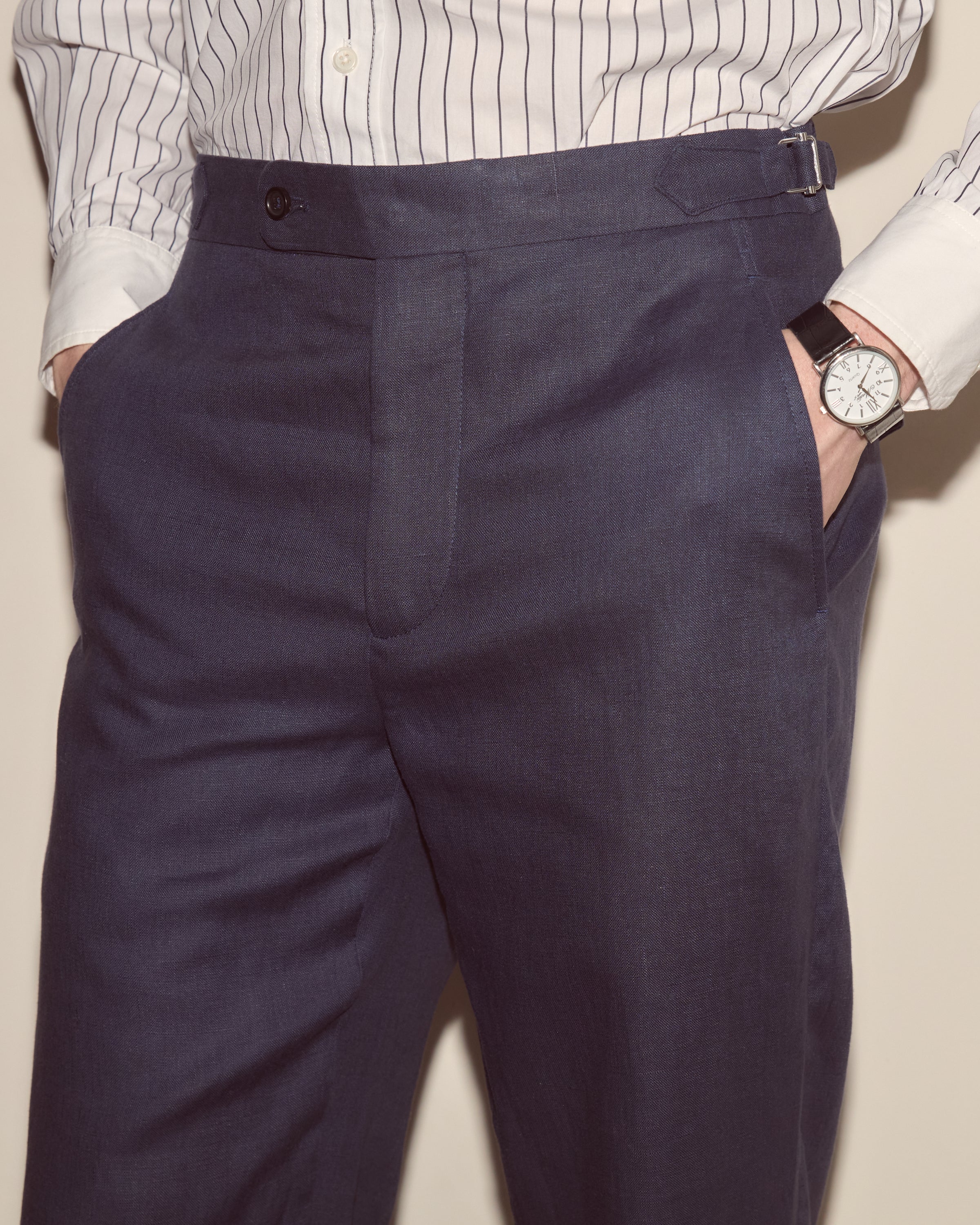 Lightweight Linen Side-Buckle Trousers - Midnight | Modern Menswear by yycbvcnbmmnbm