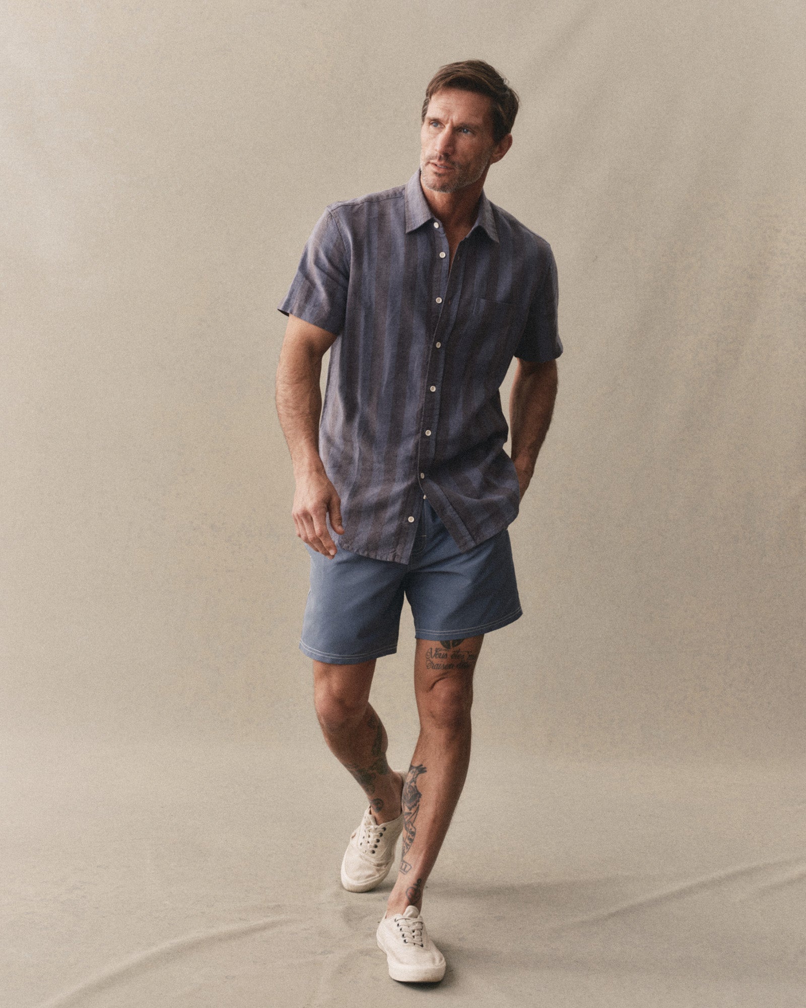 The Short Sleeve California in Blue Stone Stripe Hemp | Modern Menswear by yycbvcnbmmnbm