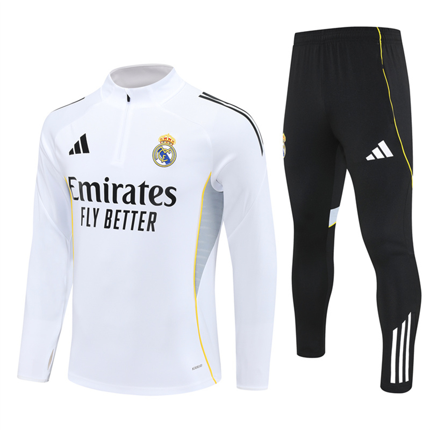 AlphaJersey-Real Madrid 25-26 Kids Long Sleeve Training Set - Yellow Line White Top and Black Shorts