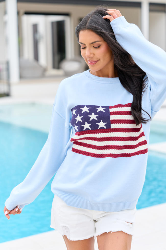 Home Of The Free Light Blue Textured Flag Sweater DOORBUSTER | Elegant Women's Fashion by coolavocek
