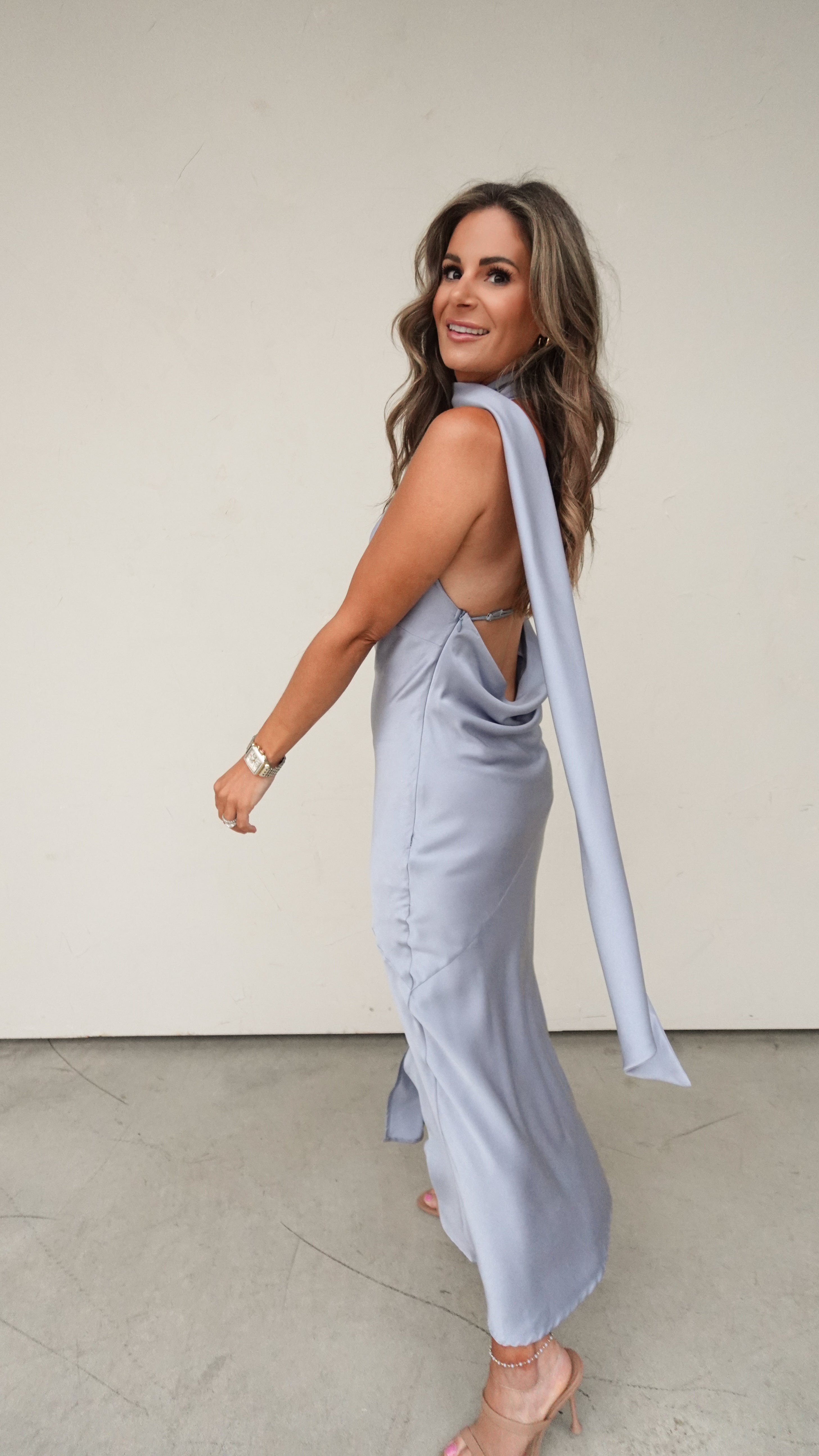 Dusty Blue Open-Back Satin Dress | Elegant Women's Fashion by coolavocek