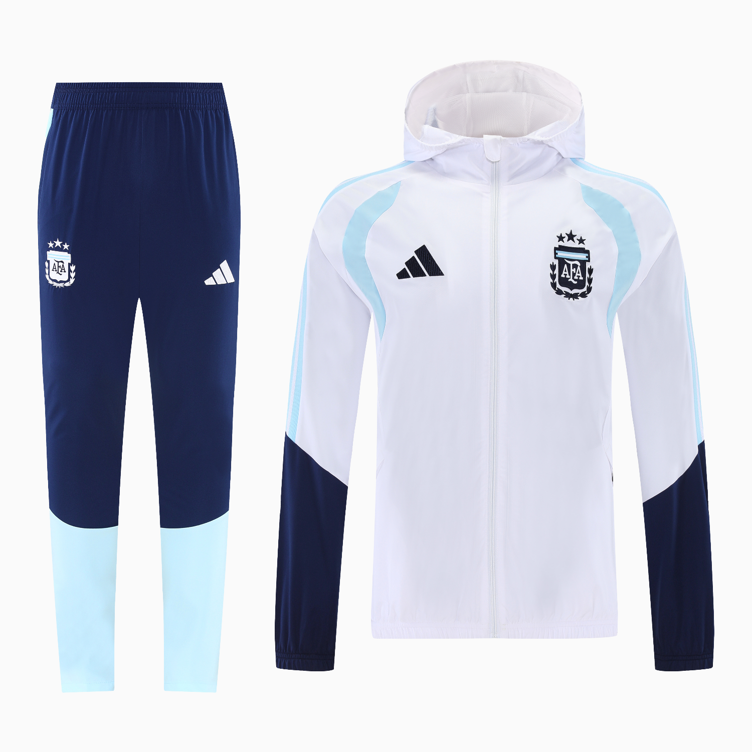 AlphaJersey-Argentina 2026 Hooded Windbreaker Training Set - White Top & Dark Blue Pants