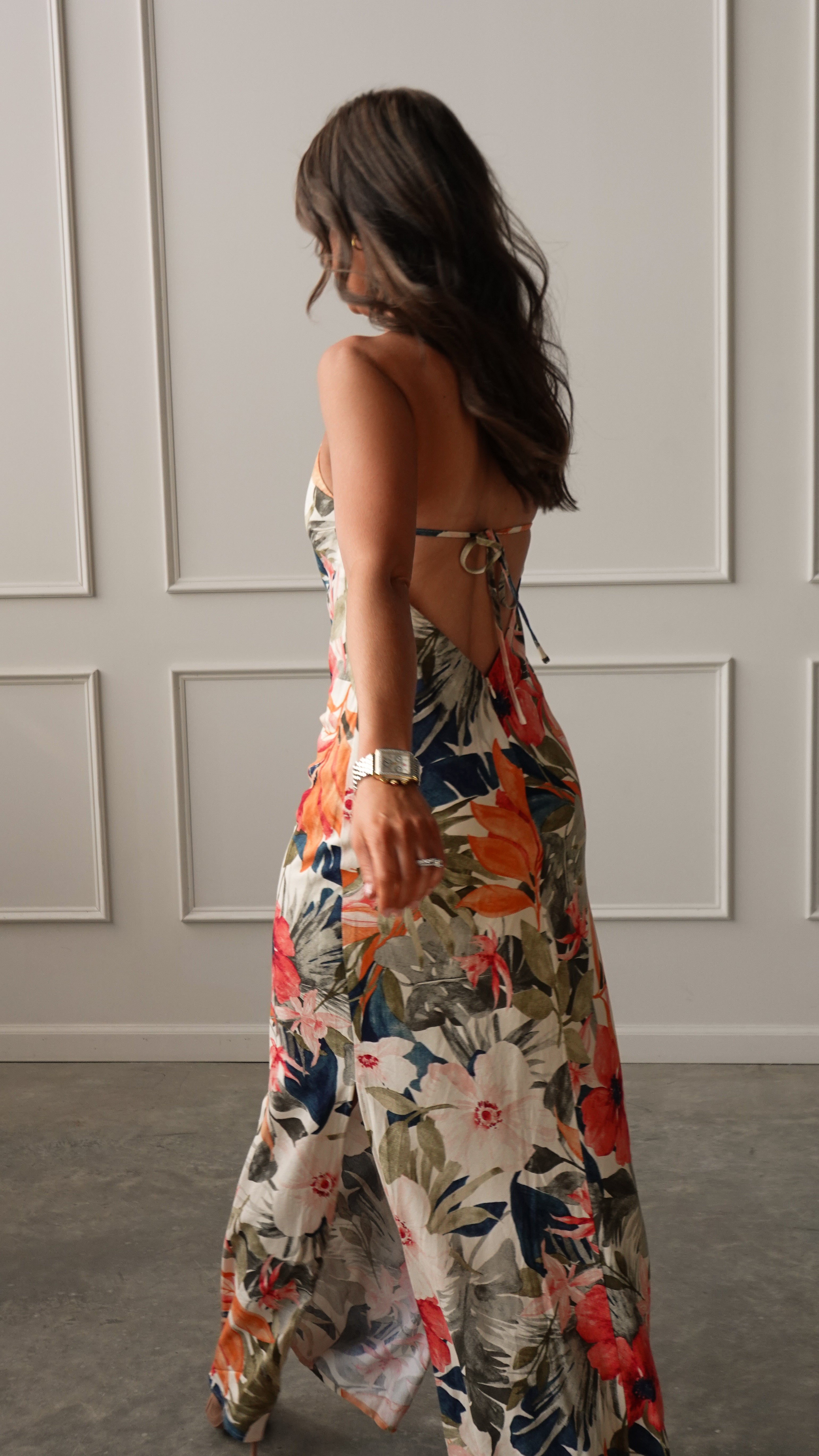High-Neck Floral Linen Maxi Dress | Elegant Women's Fashion by coolavocek