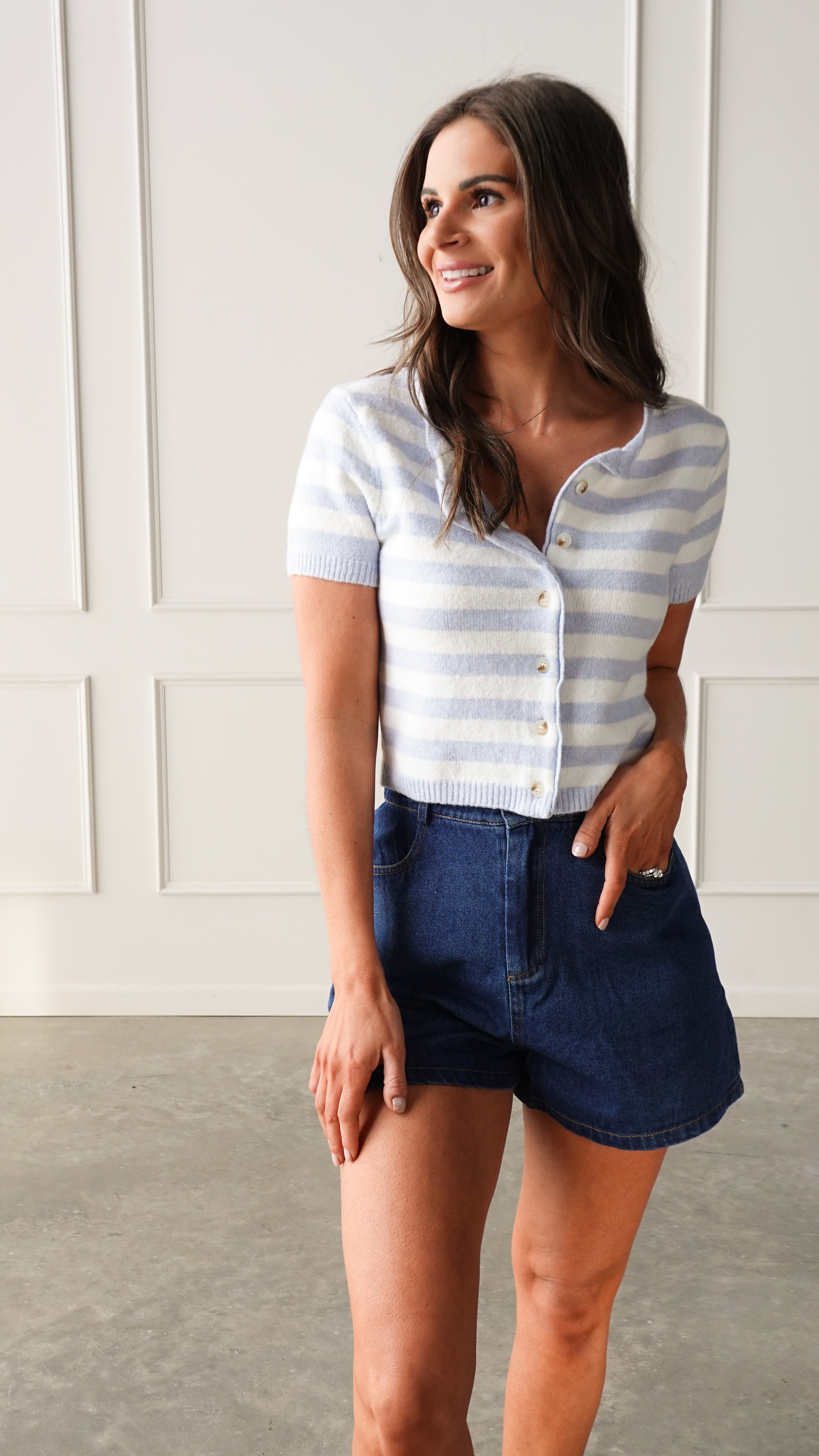 Light Blue Striped Cropped Cardigan | Elegant Women's Fashion by coolavocek