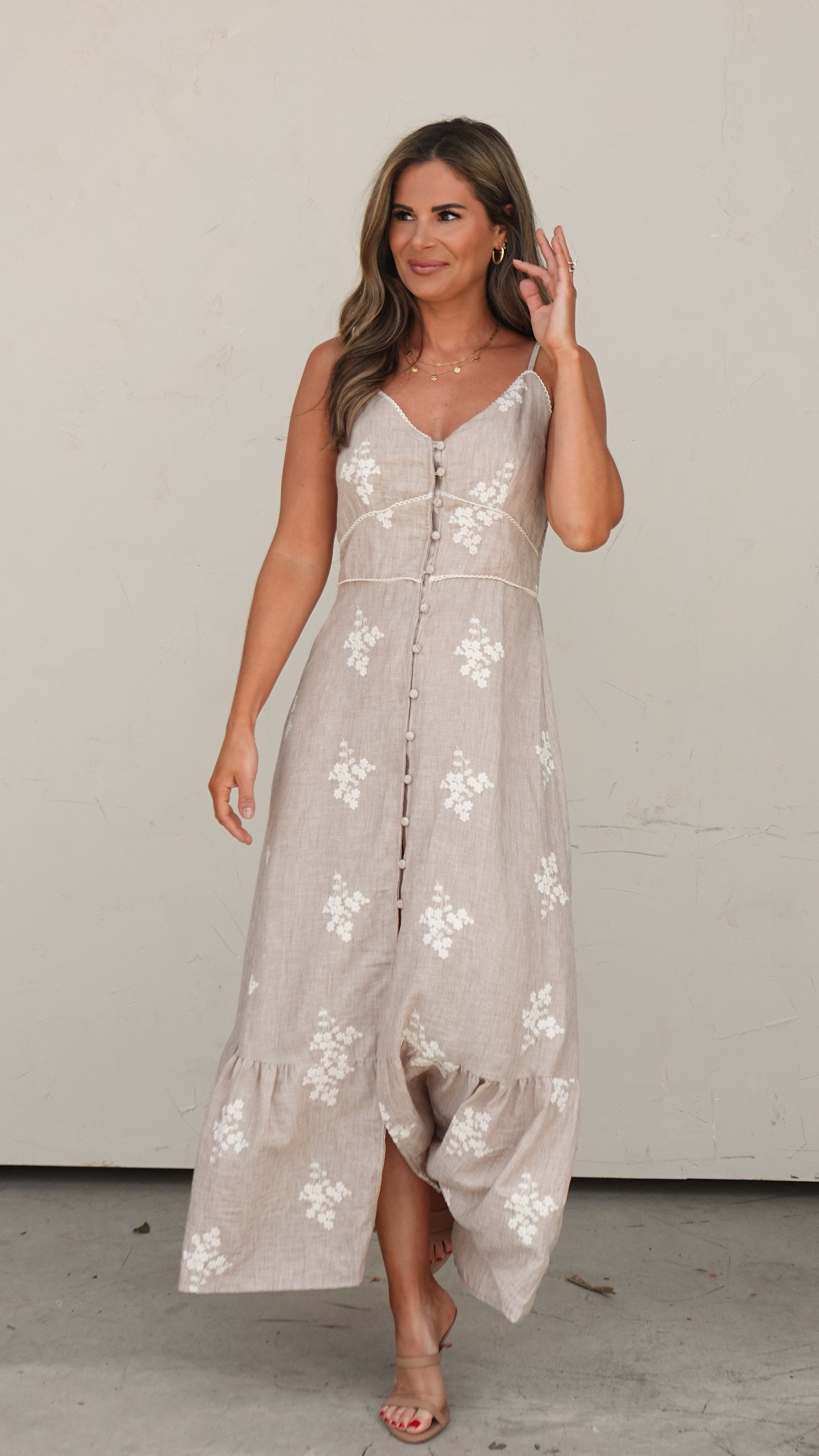 Taupe Embroidered Button-Front Tiered Dress | Elegant Women's Fashion by coolavocek