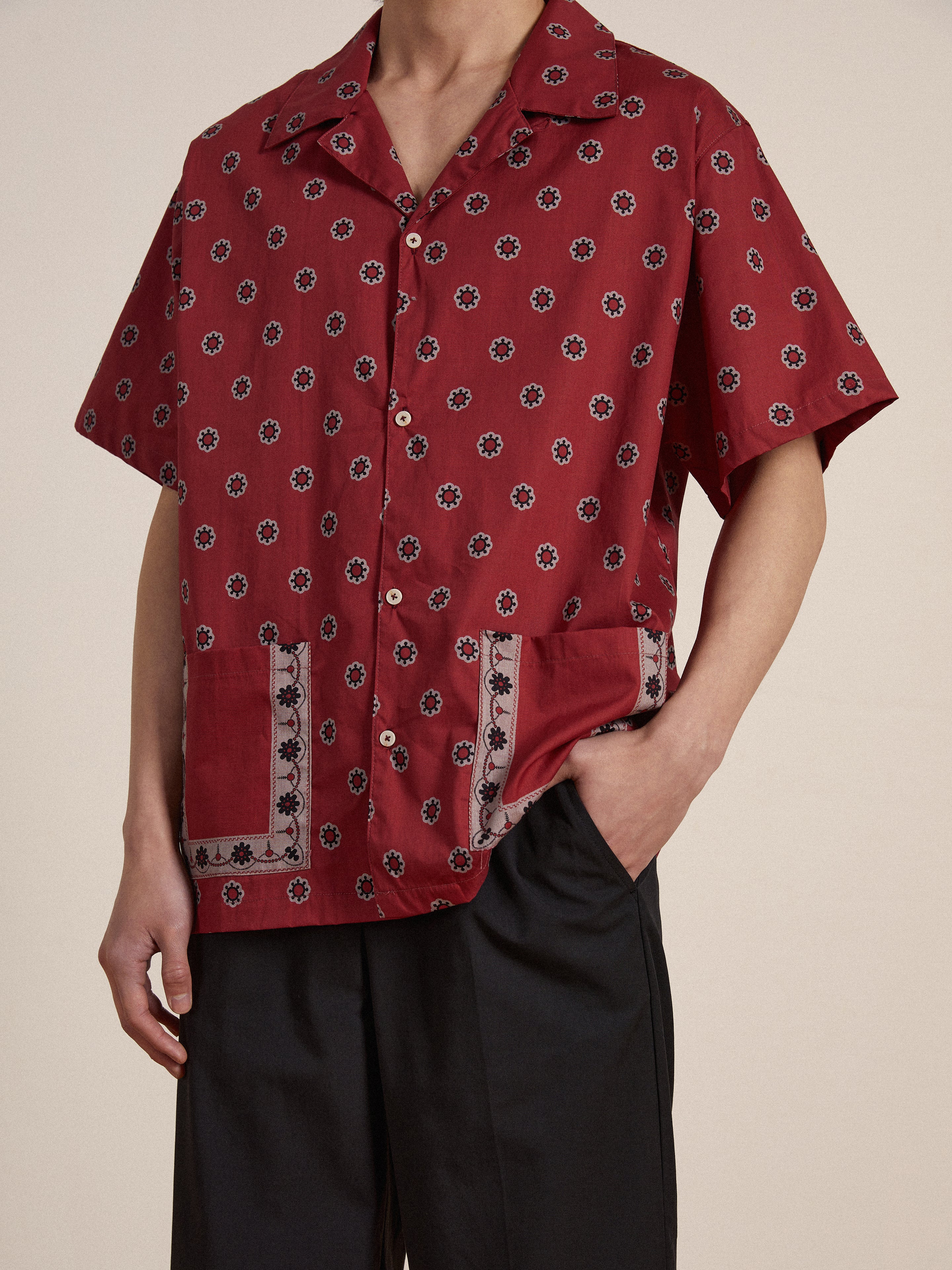 Red Motif SS Camp Shirt | Modern Menswear by yycbvcnbmmnbm