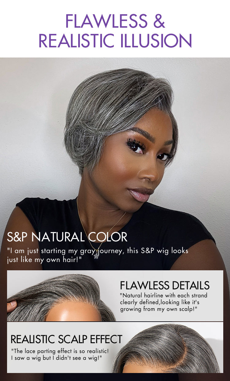 Salt and Pepper Short Pixie Cut Wig Glueless Minimalist HD Lace Grey Wig Pre-Cut Lace