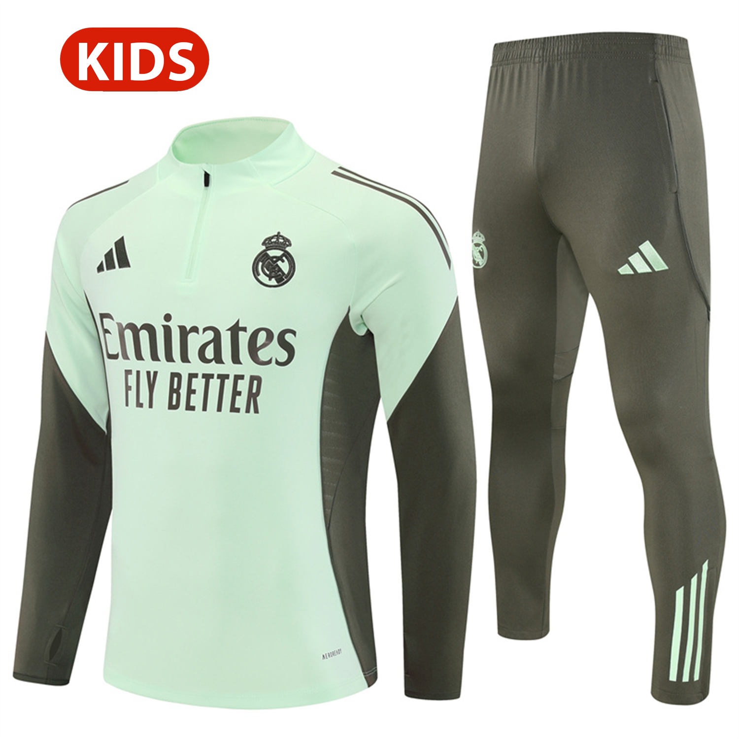 AlphaJersey-Real Madrid 25-26 Kids Long Sleeve Training Set - Light Green Top & Army Green Pants