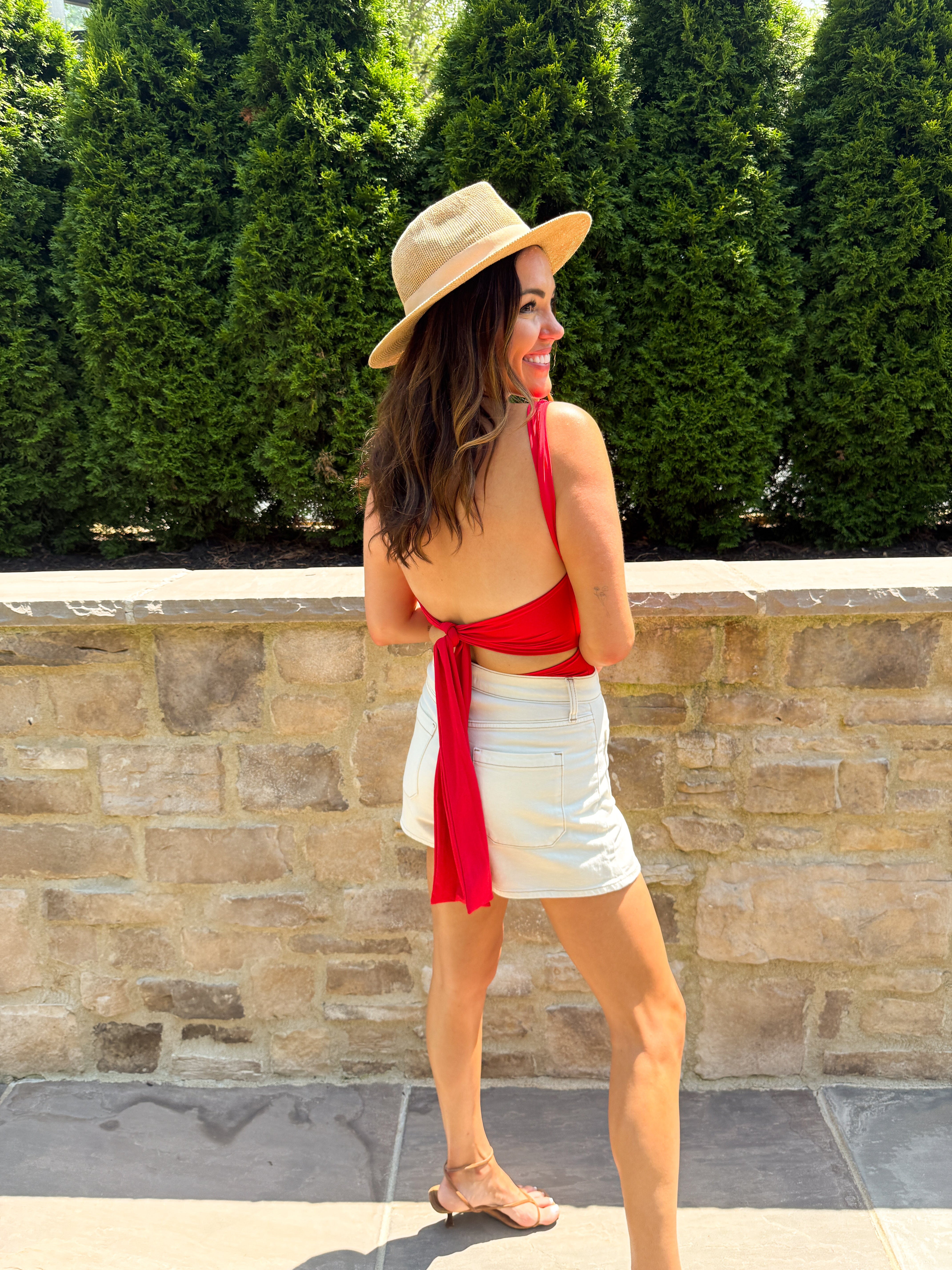 Red Square Neck Tie-Back Bodysuit | Elegant Women's Fashion by coolavocek
