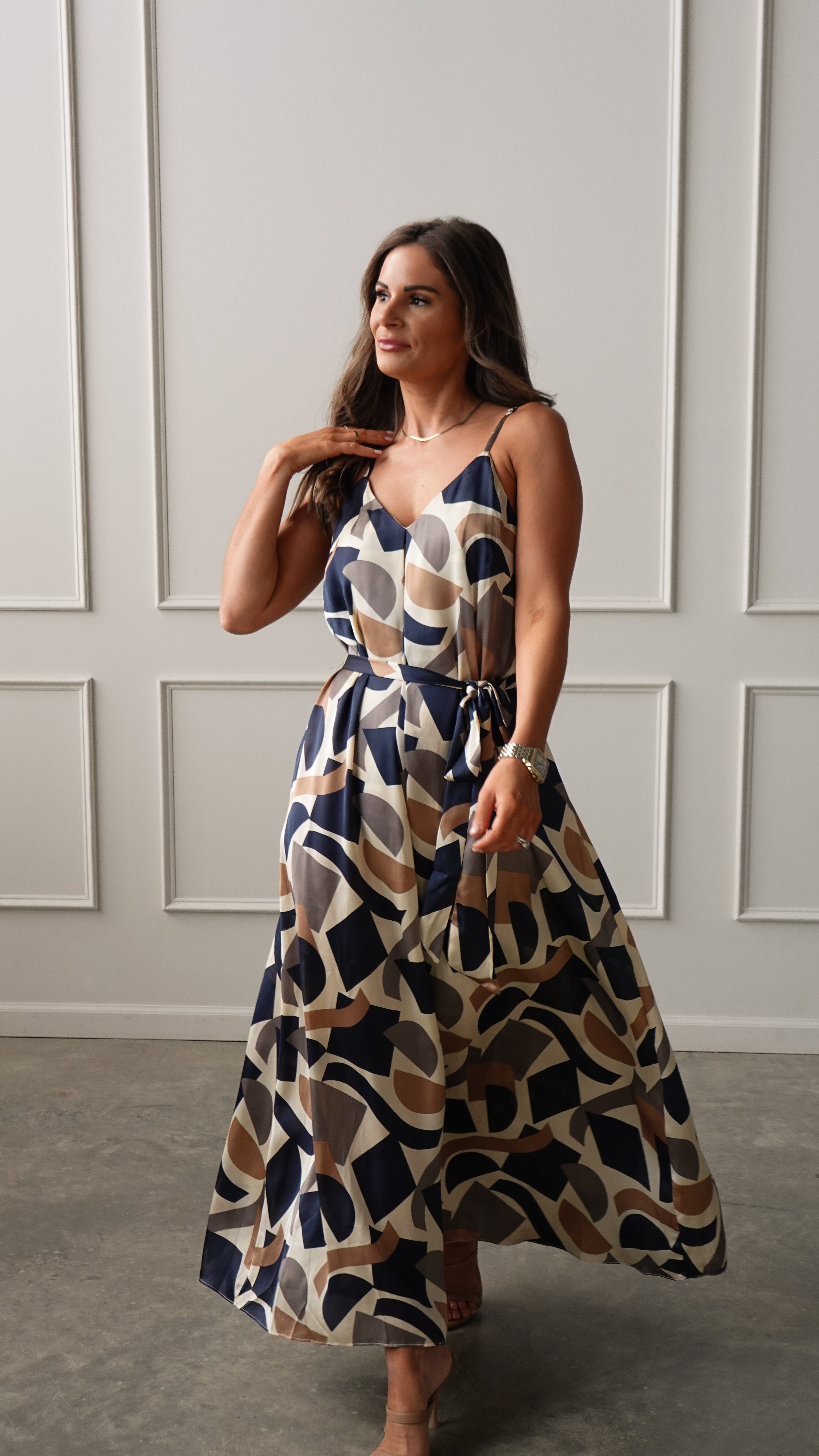 Navy/Taupe Geometric Belted Dress | Elegant Women's Fashion by coolavocek