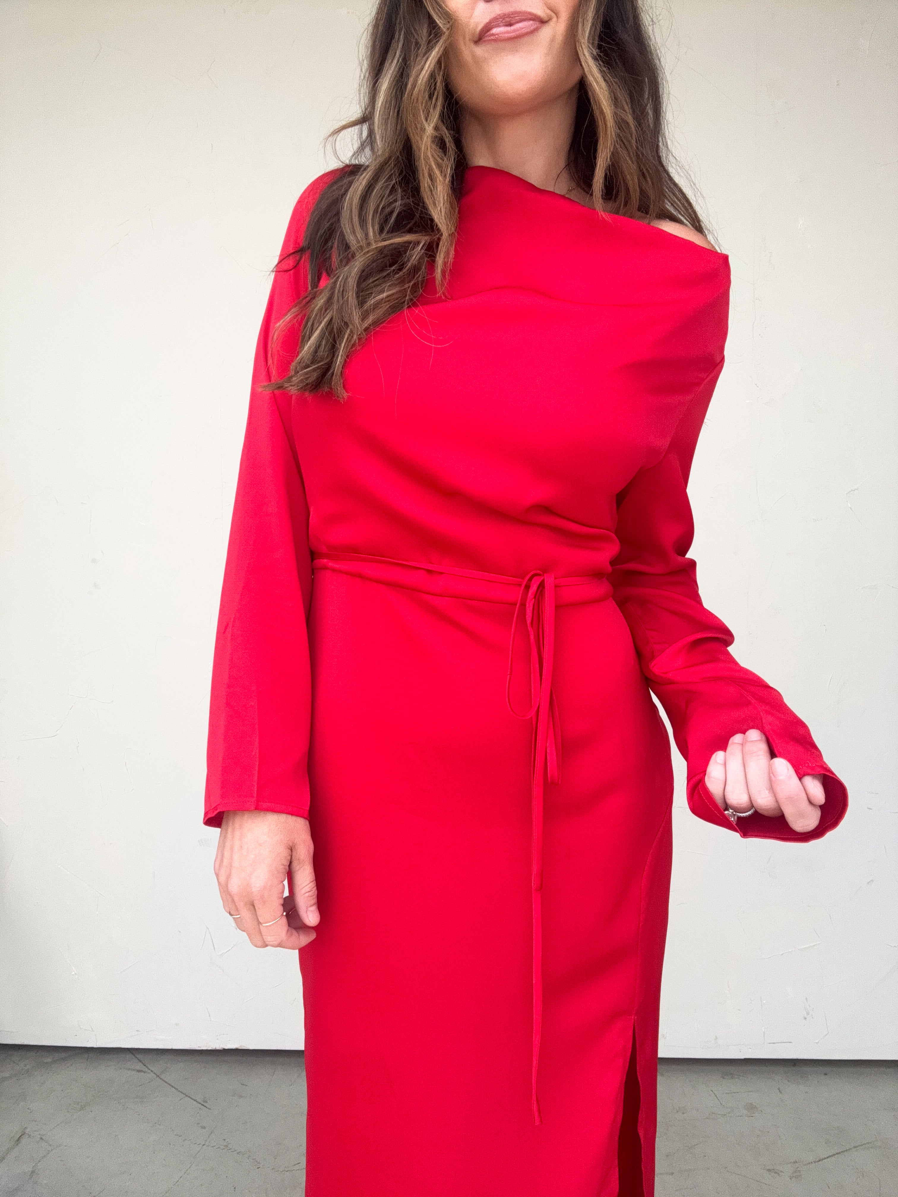 Red Long Sleeve One Shoulder Dress | Elegant Women's Fashion by coolavocek