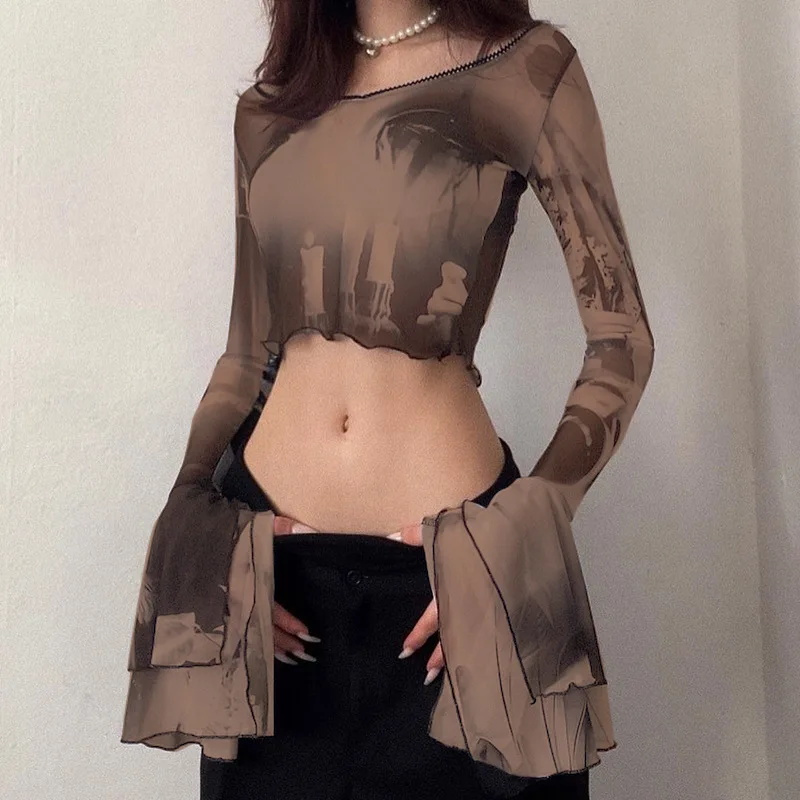 Summer 2022 t-shirts Printed Mesh Round Neck Pullover Horn Long Sleeve Casual European Beauty Dress tops y2k clothes Wholesale
