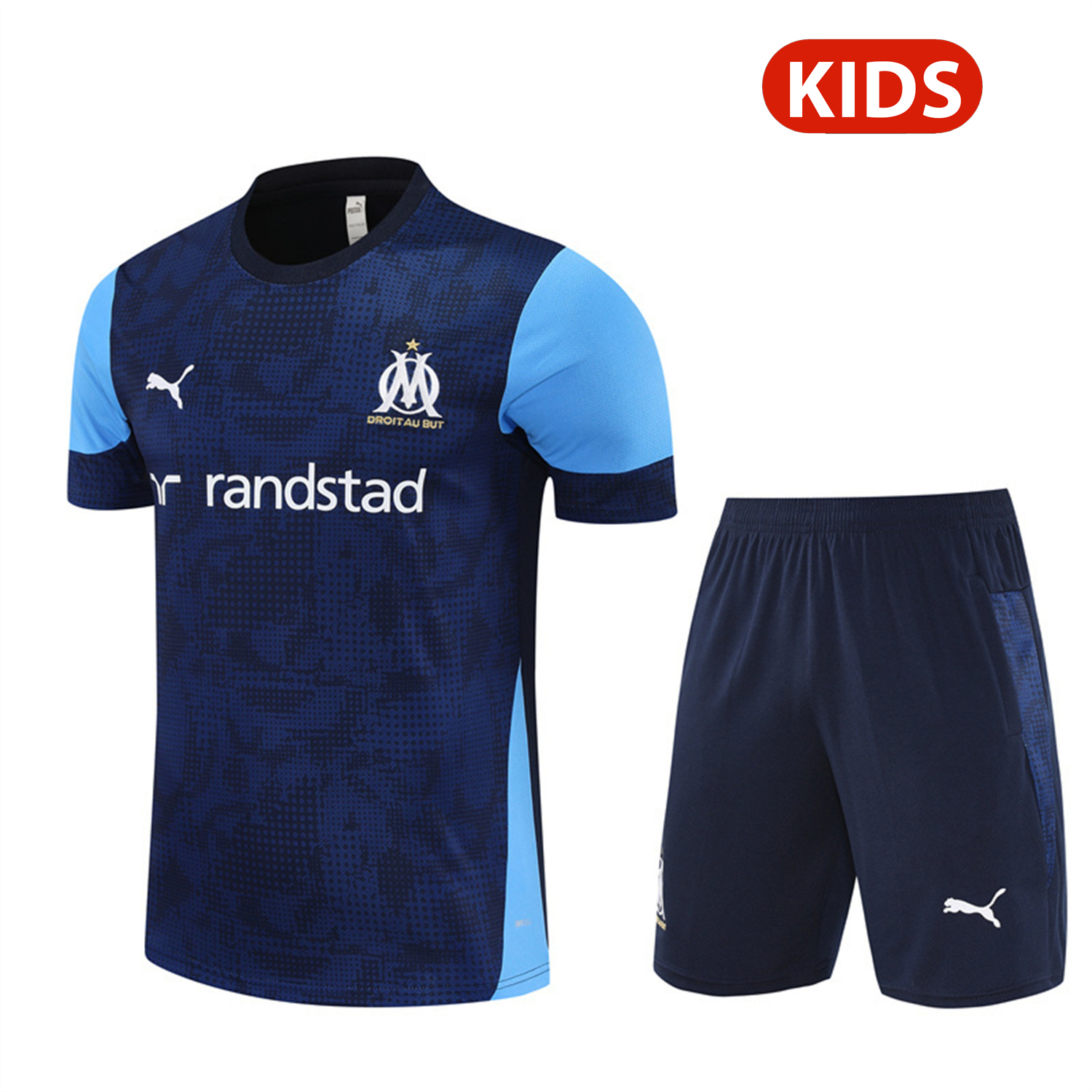 AlphaJersey-Marseille 25-26 Kids Short-Sleeve Training Set - Royal Blue Top & Royal Blue Shorts