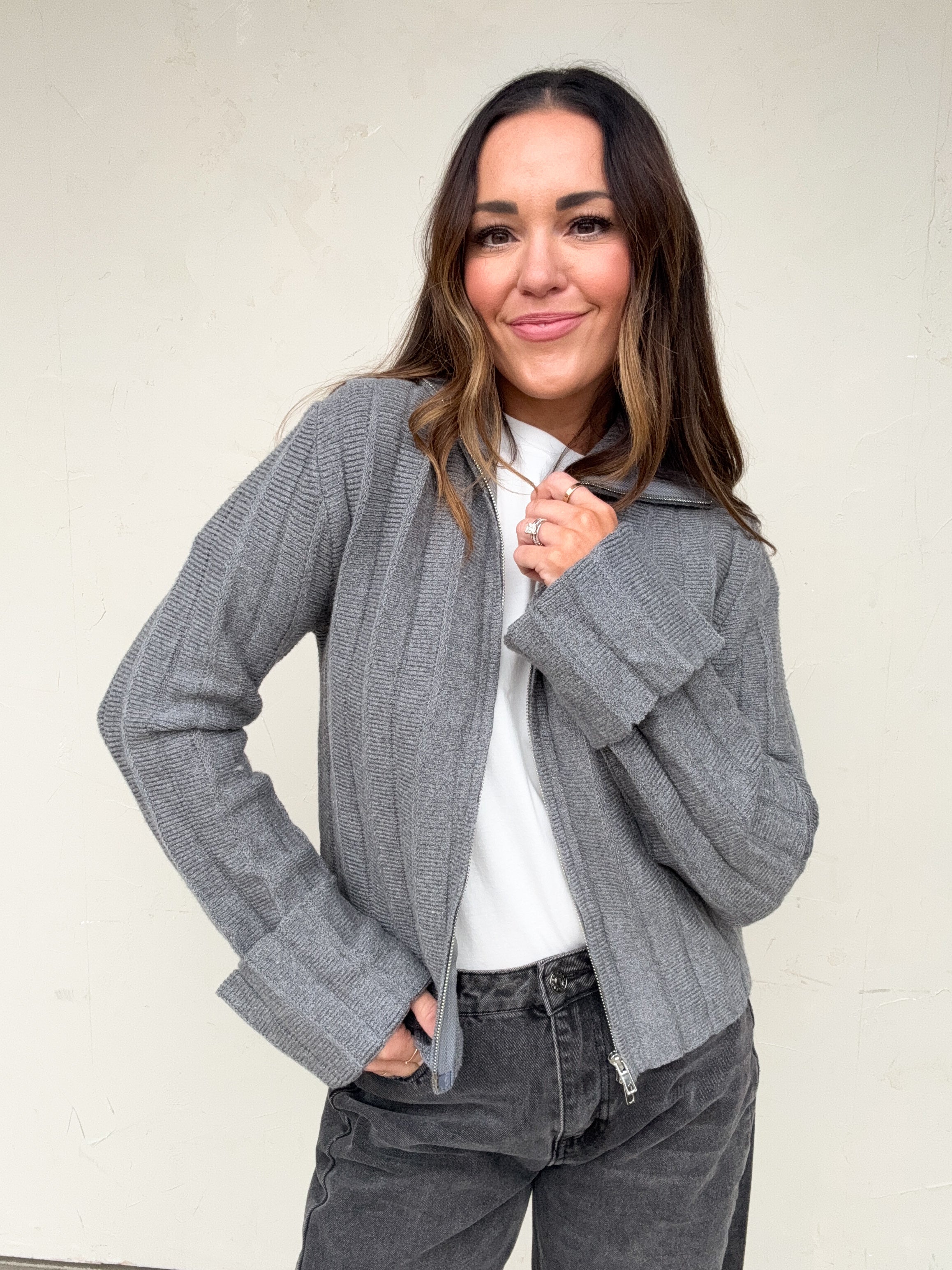 Gray Collared Zip-Up Sweater | Elegant Women's Fashion by coolavocek