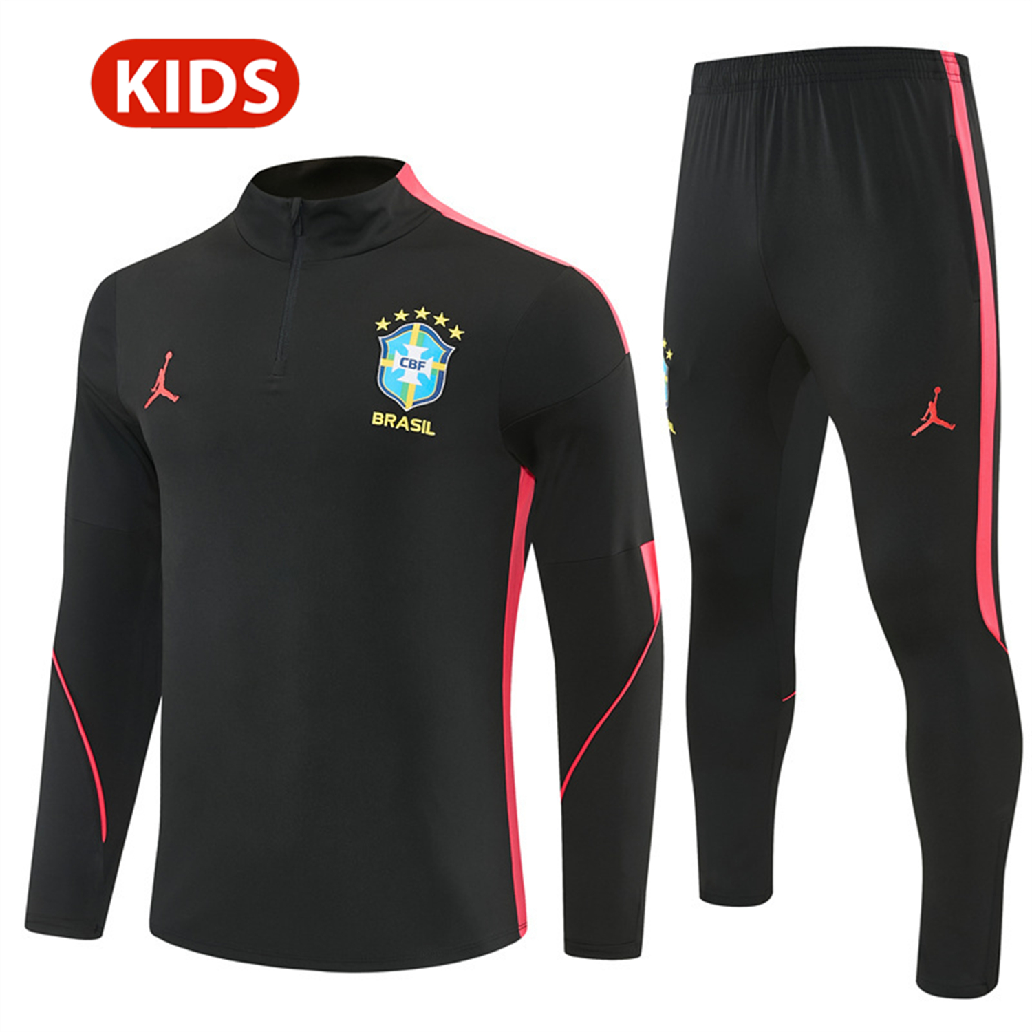 AlphaJersey-Brazil X JD 2026 Kids Long Sleeves Training Set - Black Top And Black Orange Pants