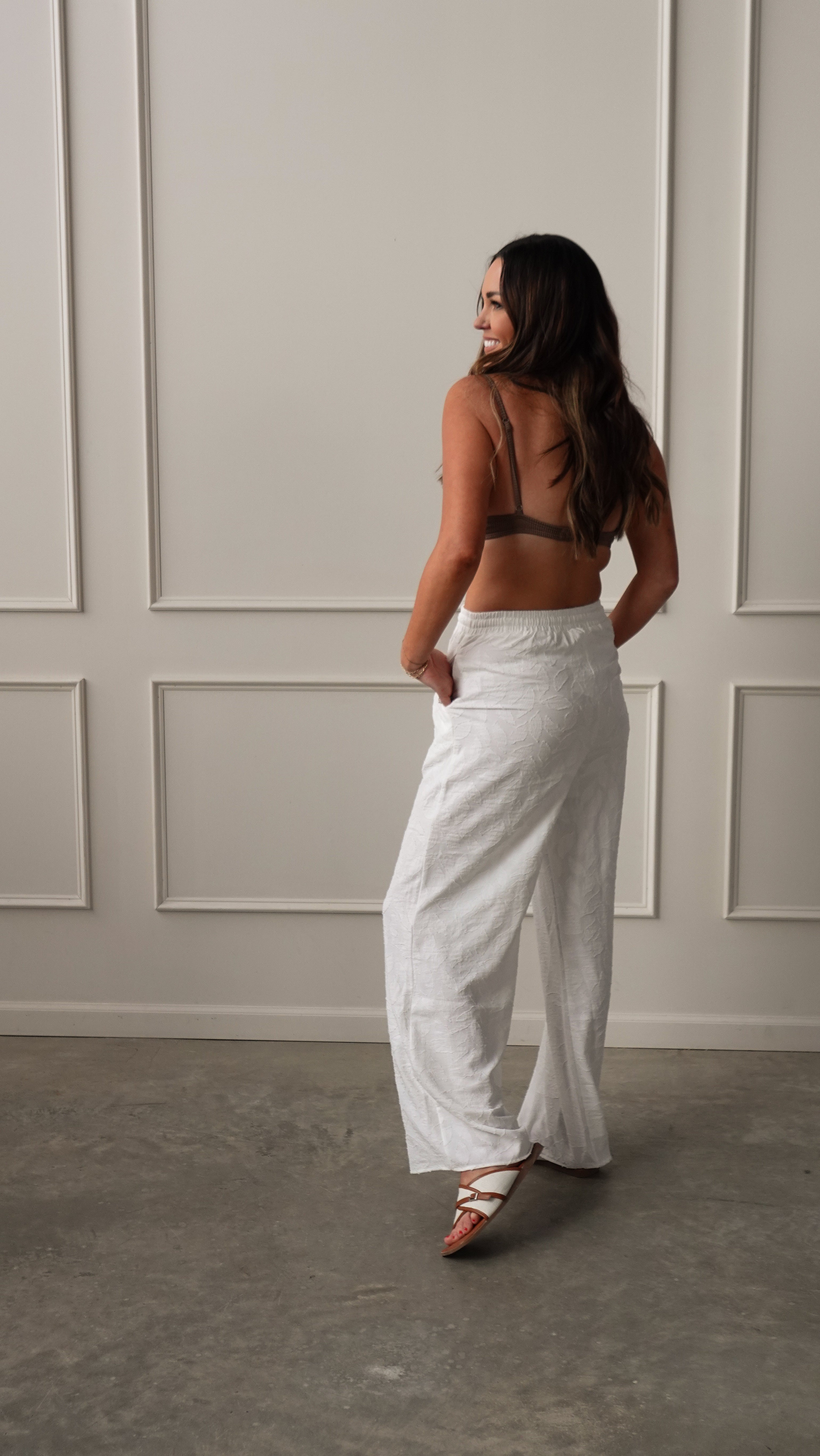 Off-White Textured Drawstring Pant | Elegant Women's Fashion by coolavocek