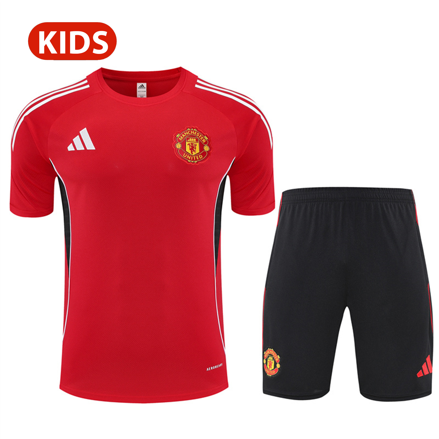 AlphaJersey-Manchester United 25-26 Kid Short-Sleeve Training Set - Red Top & Black Shorts