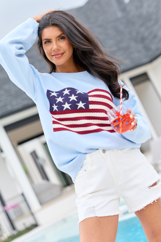 Home Of The Free Light Blue Textured Flag Sweater DOORBUSTER | Elegant Women's Fashion by coolavocek