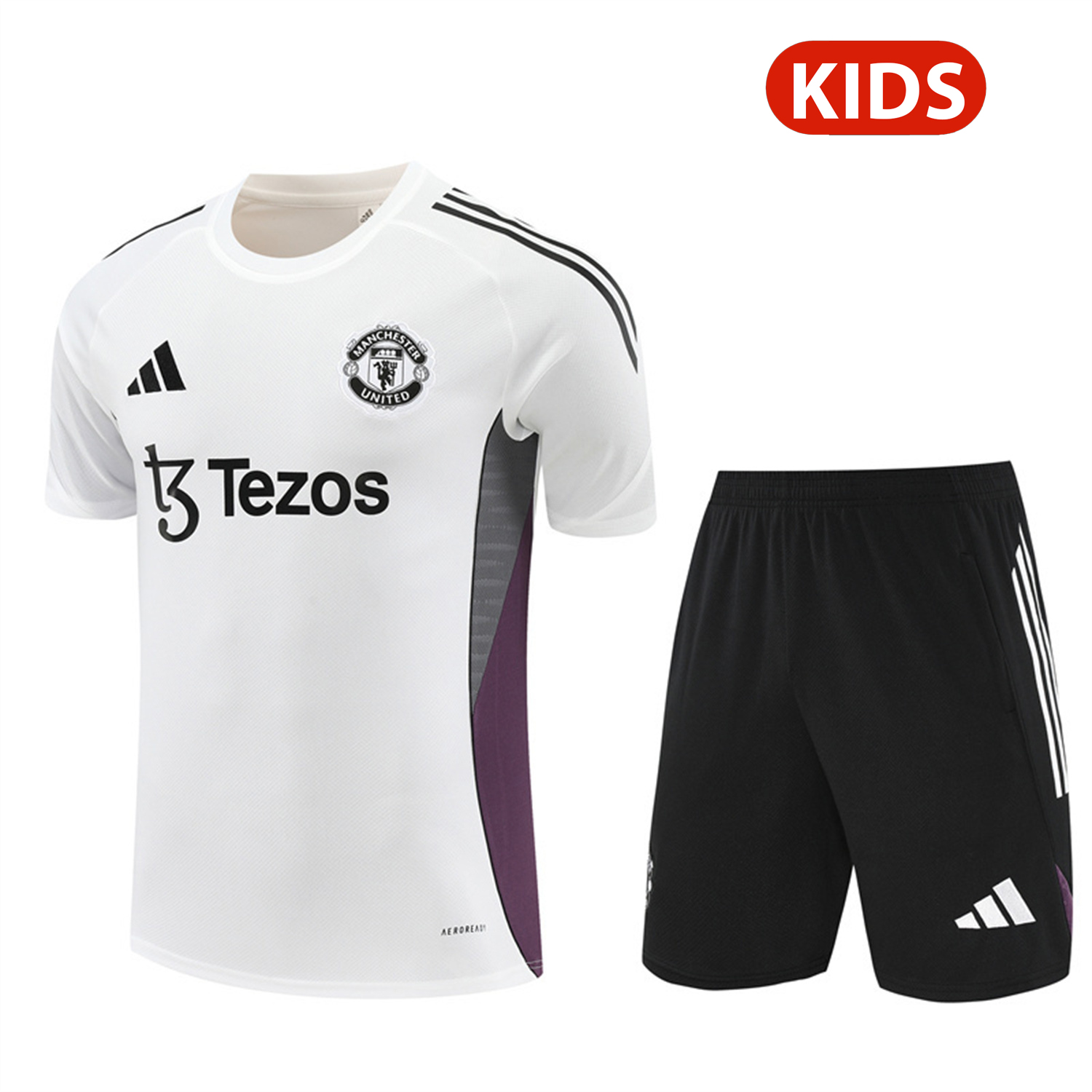 AlphaJersey-Manchester United 25-26 Kids Short-Sleeve Training Set - White Purple Top & Black Shorts