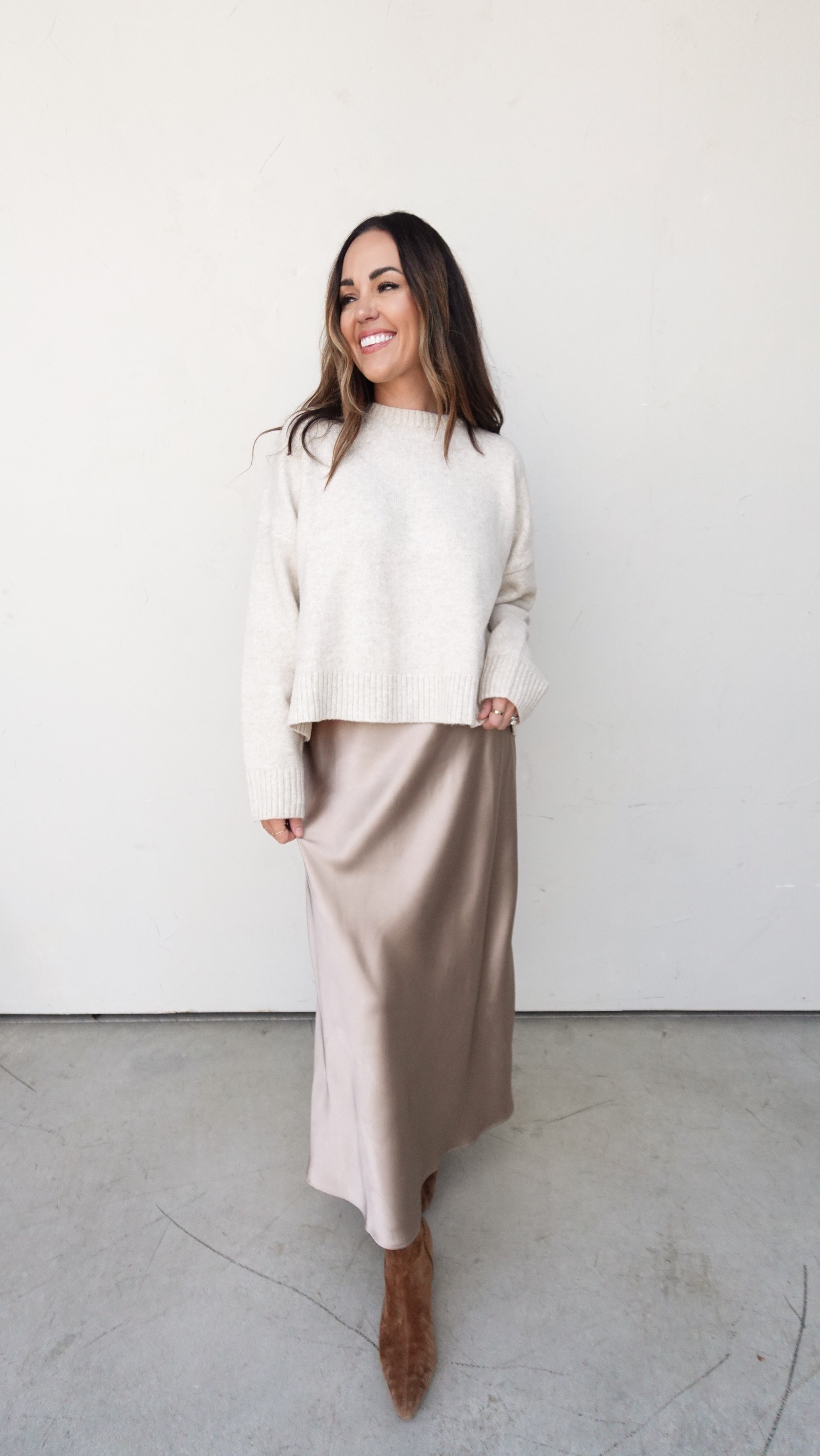 Champagne Satin Midi Skirt | Elegant Women's Fashion by coolavocek