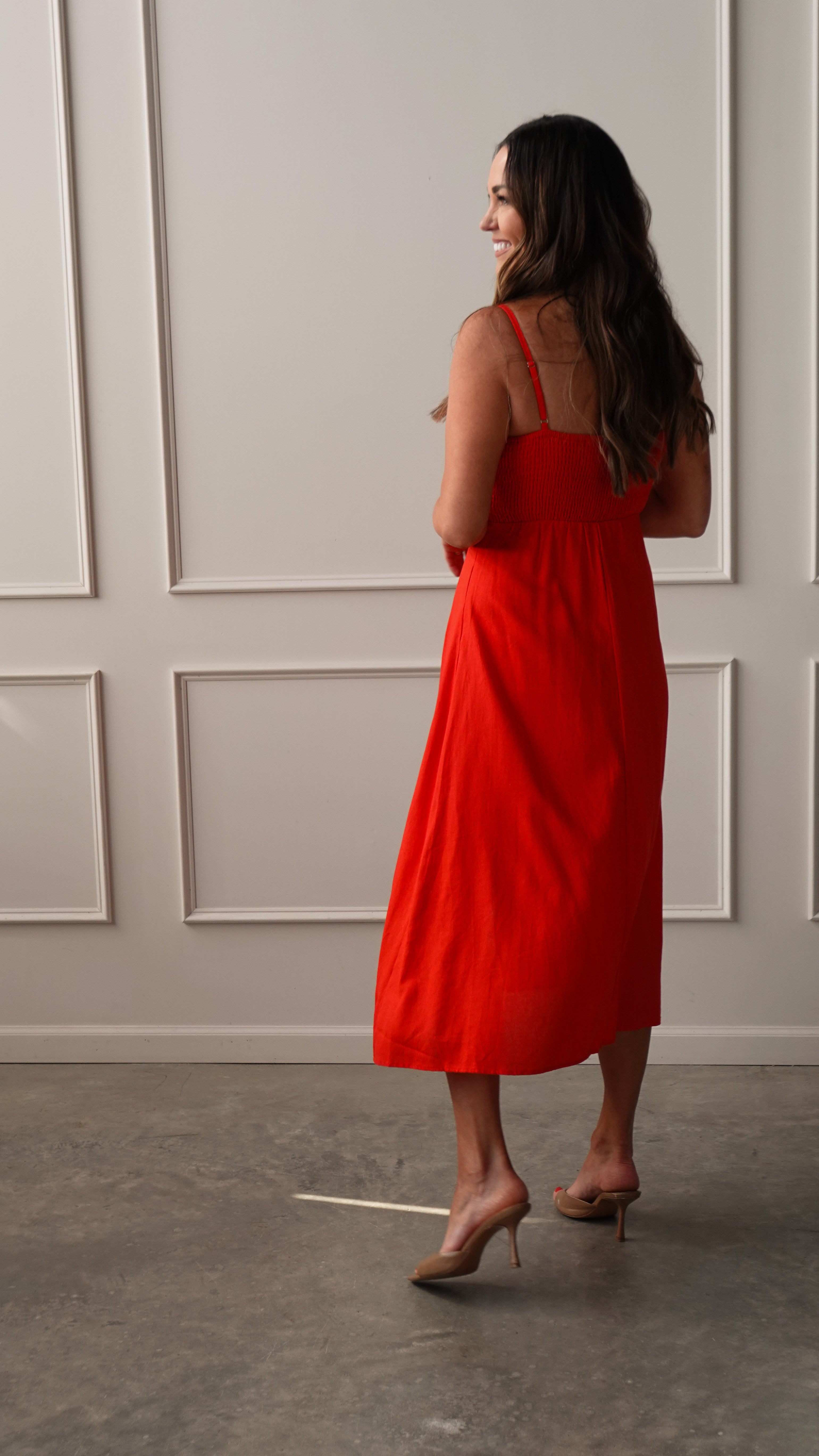 Red Midi Dress with Buttons | Elegant Women's Fashion by coolavocek