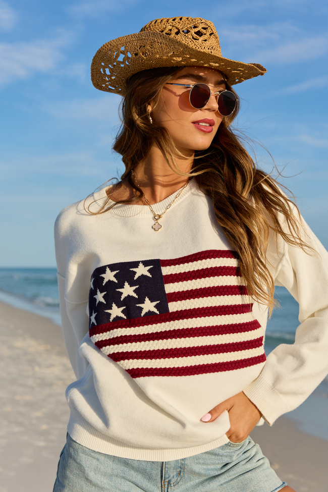 Home Of The Free Ivory Textured Flag Sweater DOORBUSTER | Elegant Women's Fashion by coolavocek