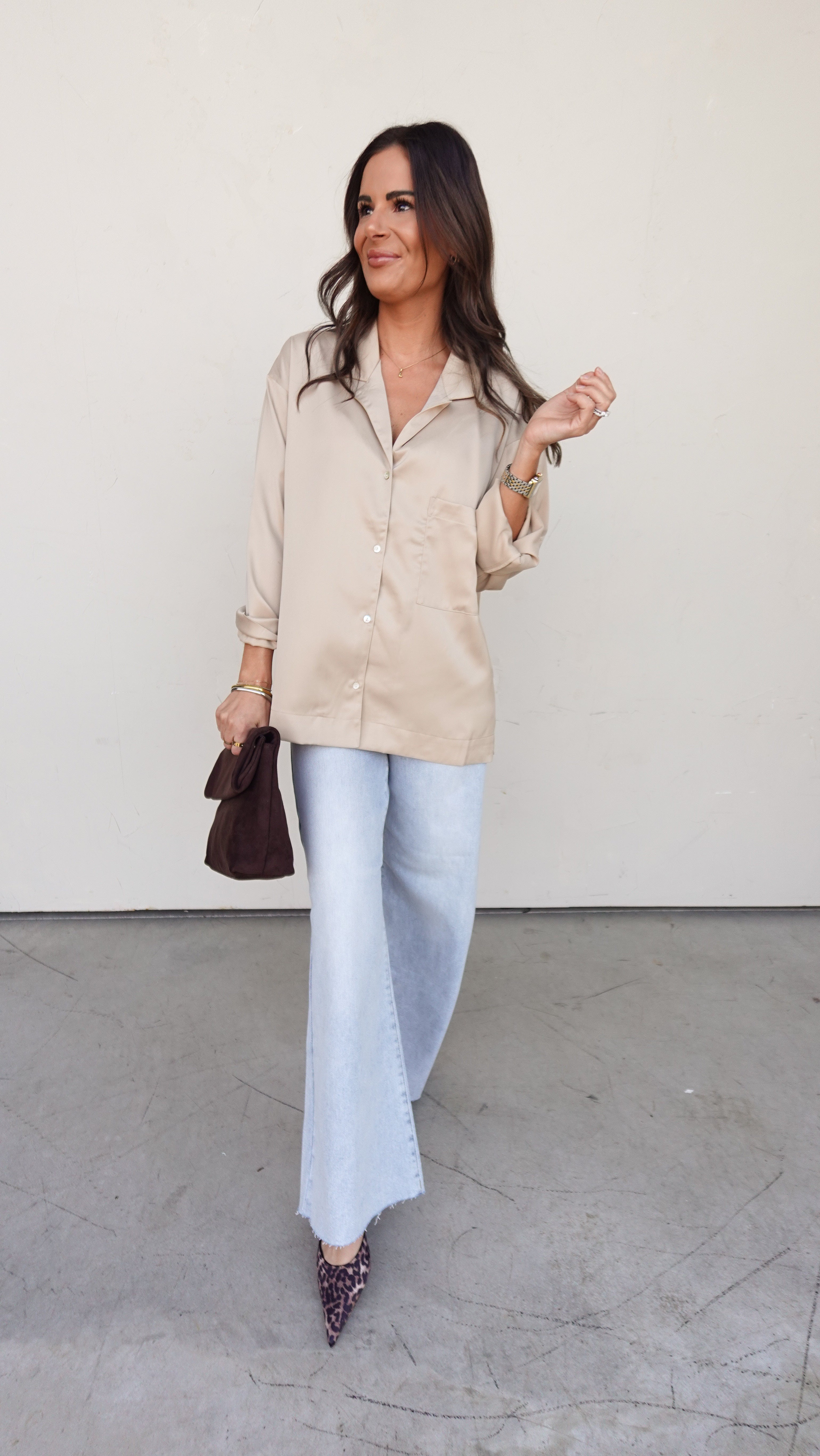 Champagne Satin Button-Up Top | Elegant Women's Fashion by coolavocek