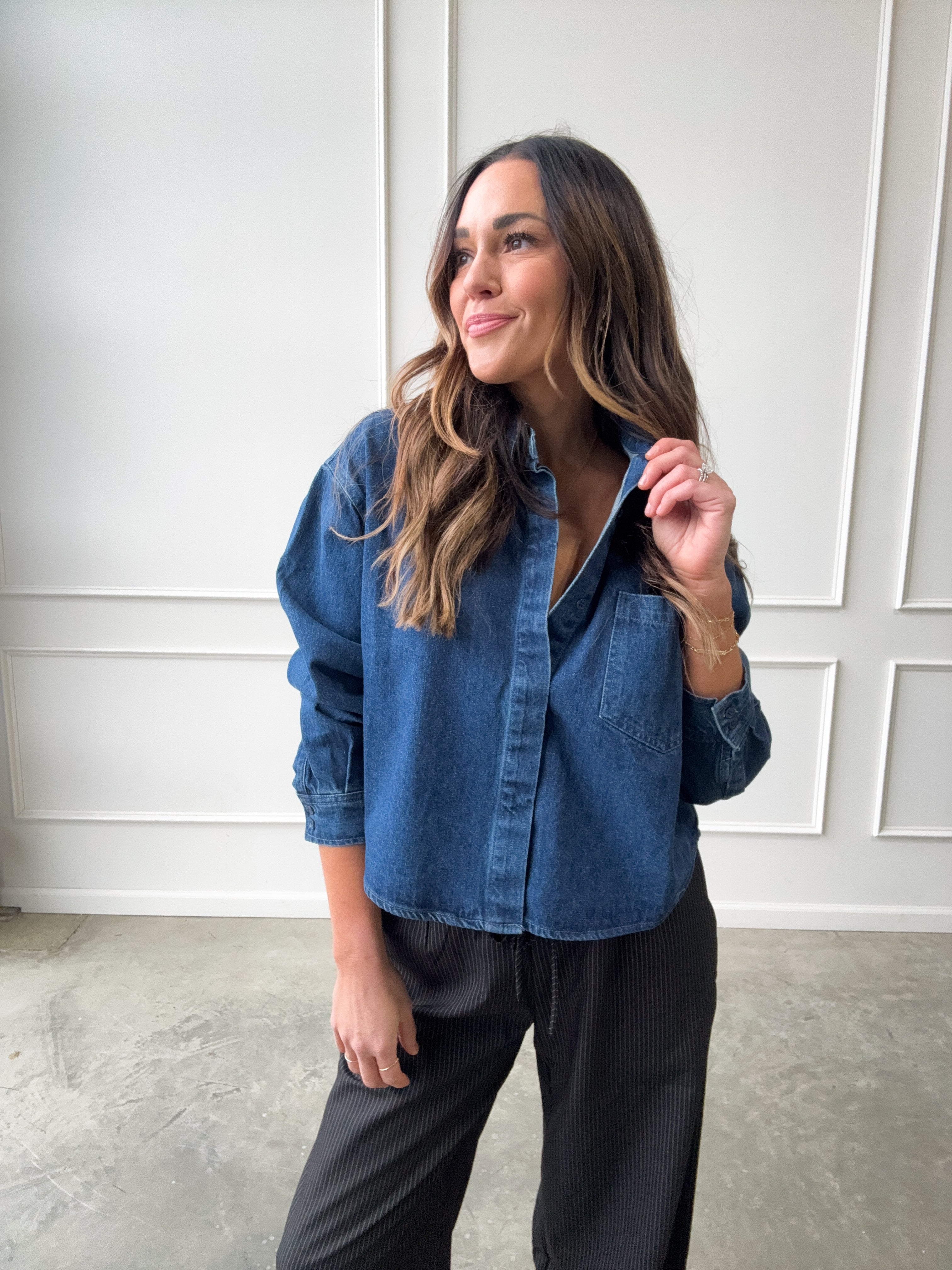 Dark Wash Cropped Denim Shirt | Elegant Women's Fashion by coolavocek