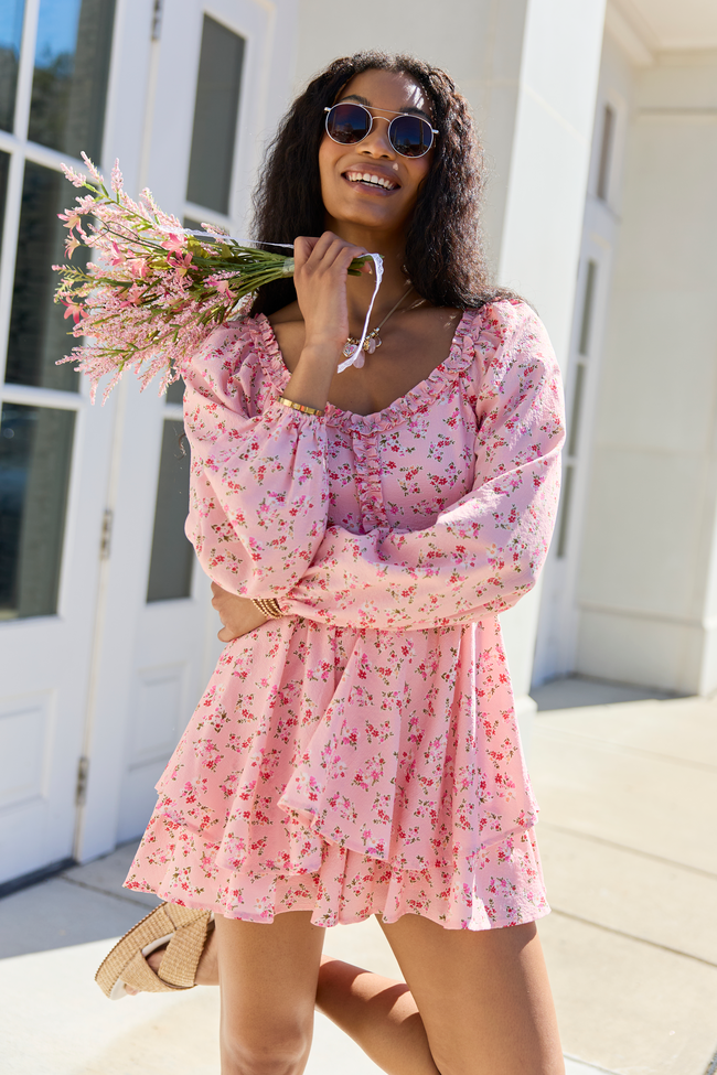 Farah Pink Floral Ruffle Trim Romper SALE | Elegant Women's Fashion by coolavocek