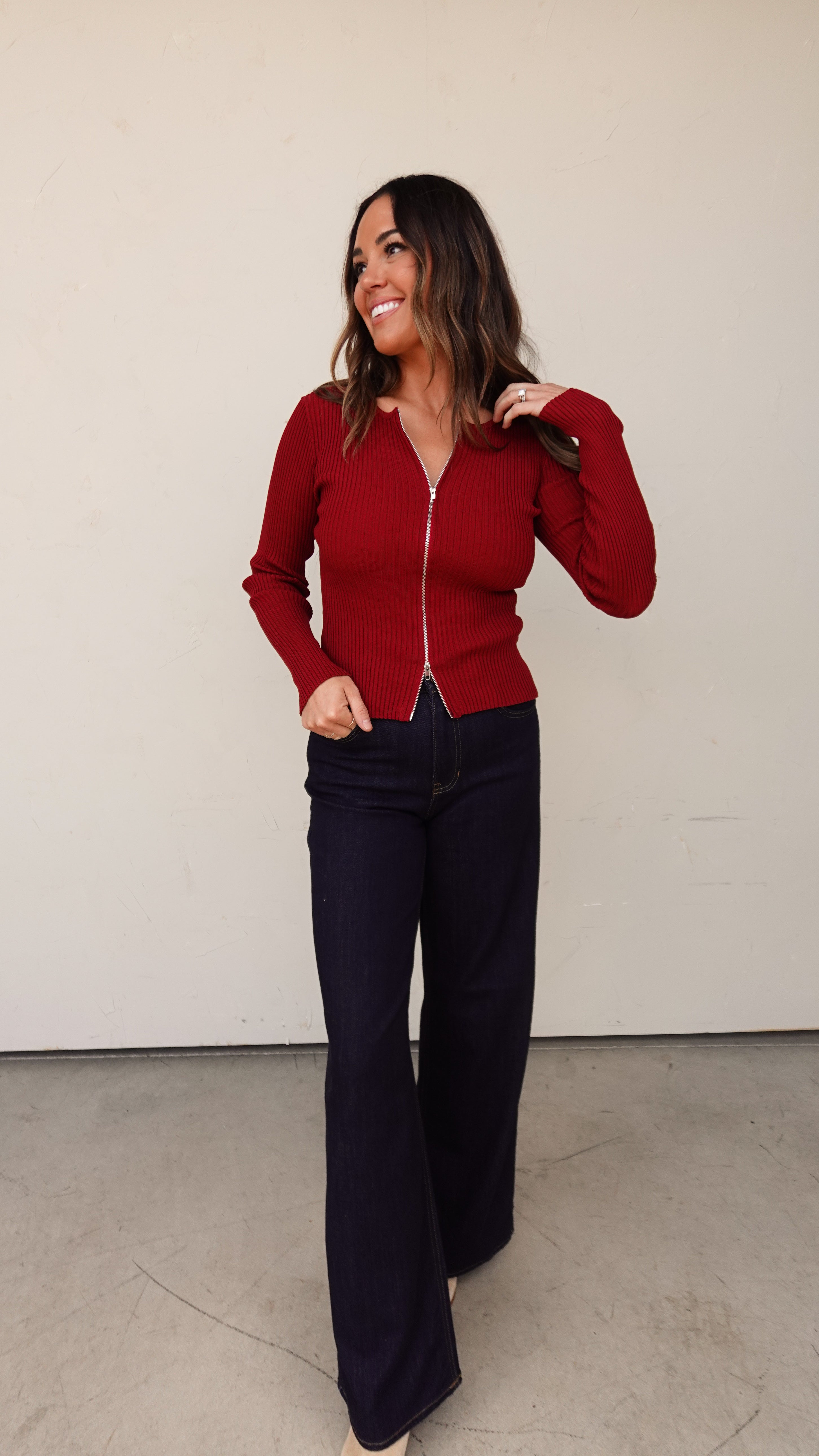Wine Ribbed Knit Zipper Cardigan | Elegant Women's Fashion by coolavocek