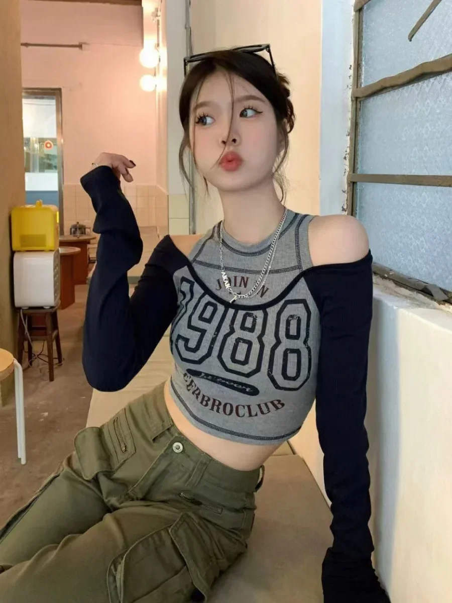 Deeptown Y2k Streetwear Vintage Korean Crop Top Women Sexy American Retro Letter Printed T Shirts Off Shoulder Aesthetic Clothes
