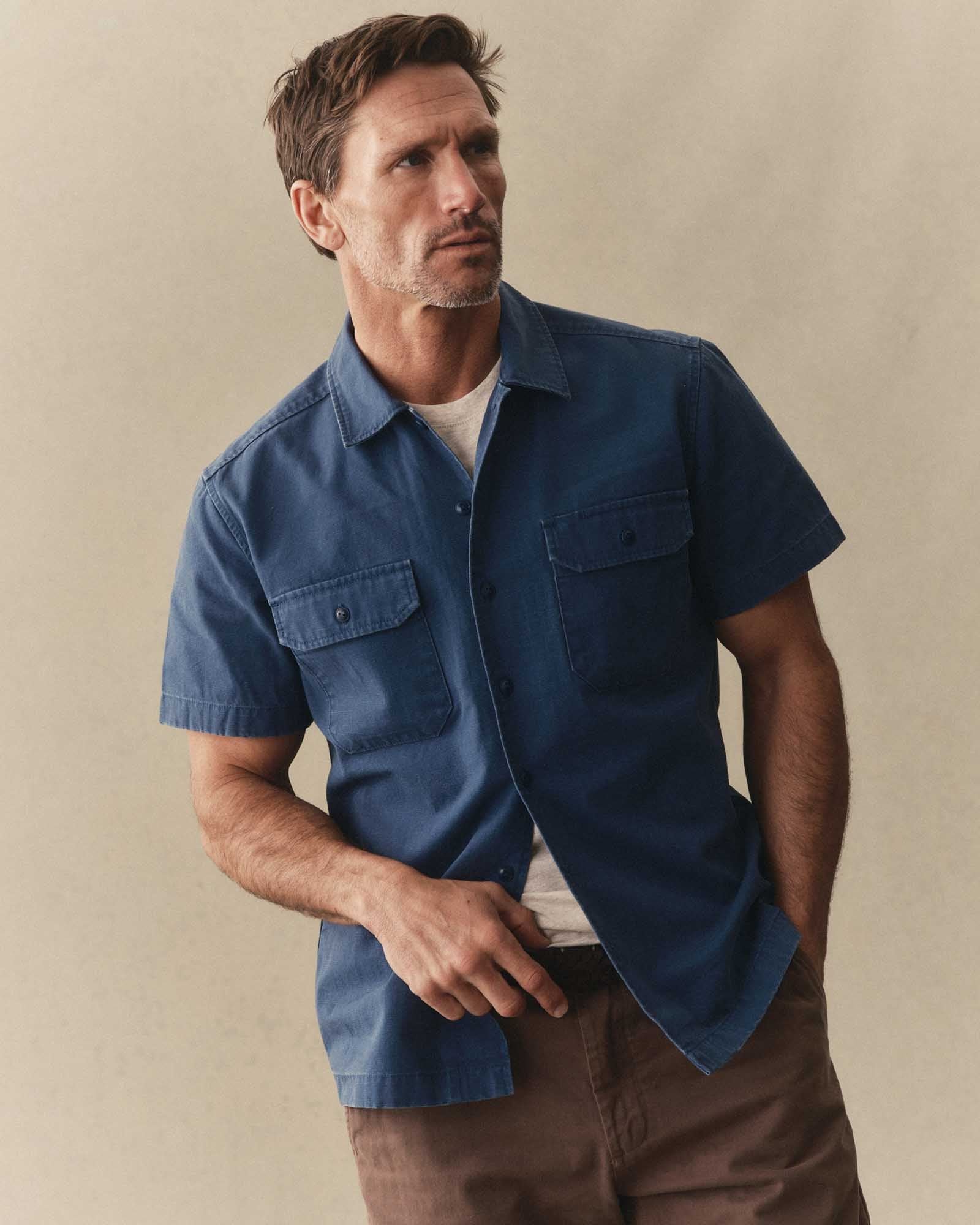 The Short Sleeve Mechanic Shirt in Atlantic Ripstop | Modern Menswear by yycbvcnbmmnbm