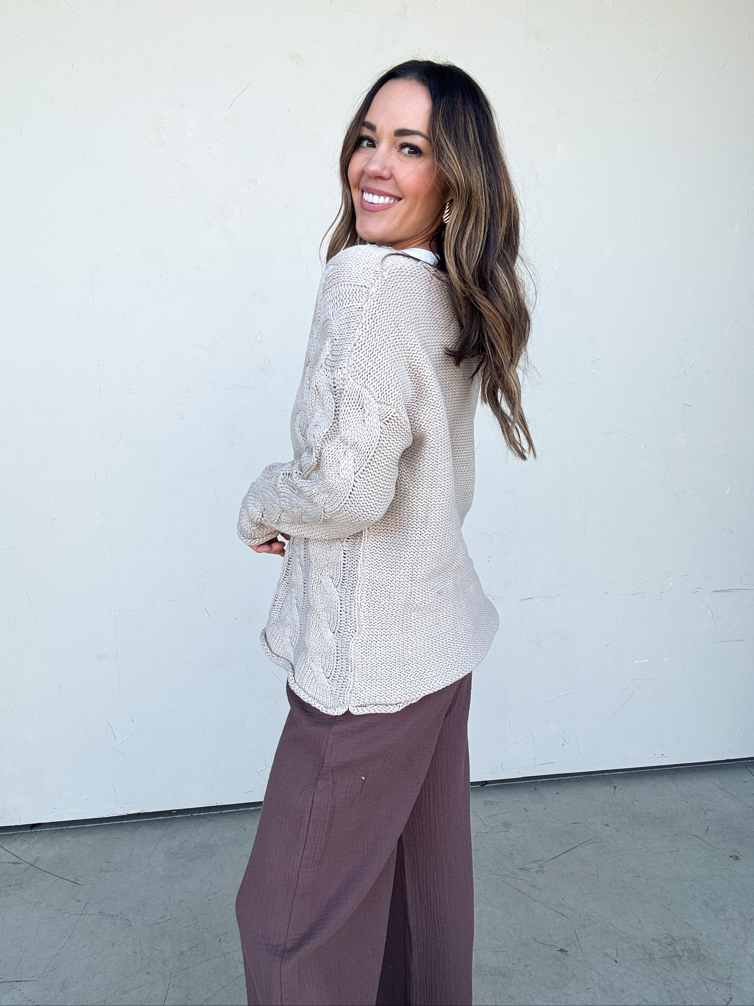 Taupe Cableknit V-Neck Sweater | Elegant Women's Fashion by coolavocek