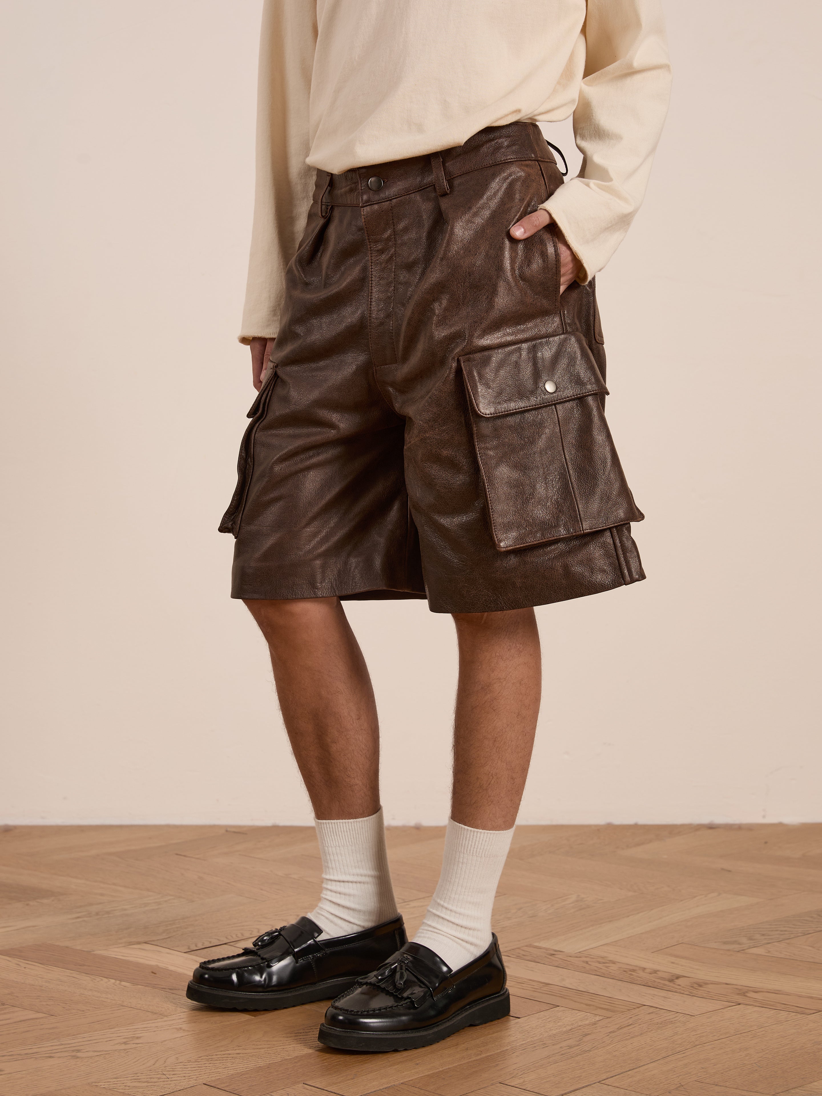 Dusk Distressed Genuine Leather Cargo Shorts | Modern Menswear by yycbvcnbmmnbm