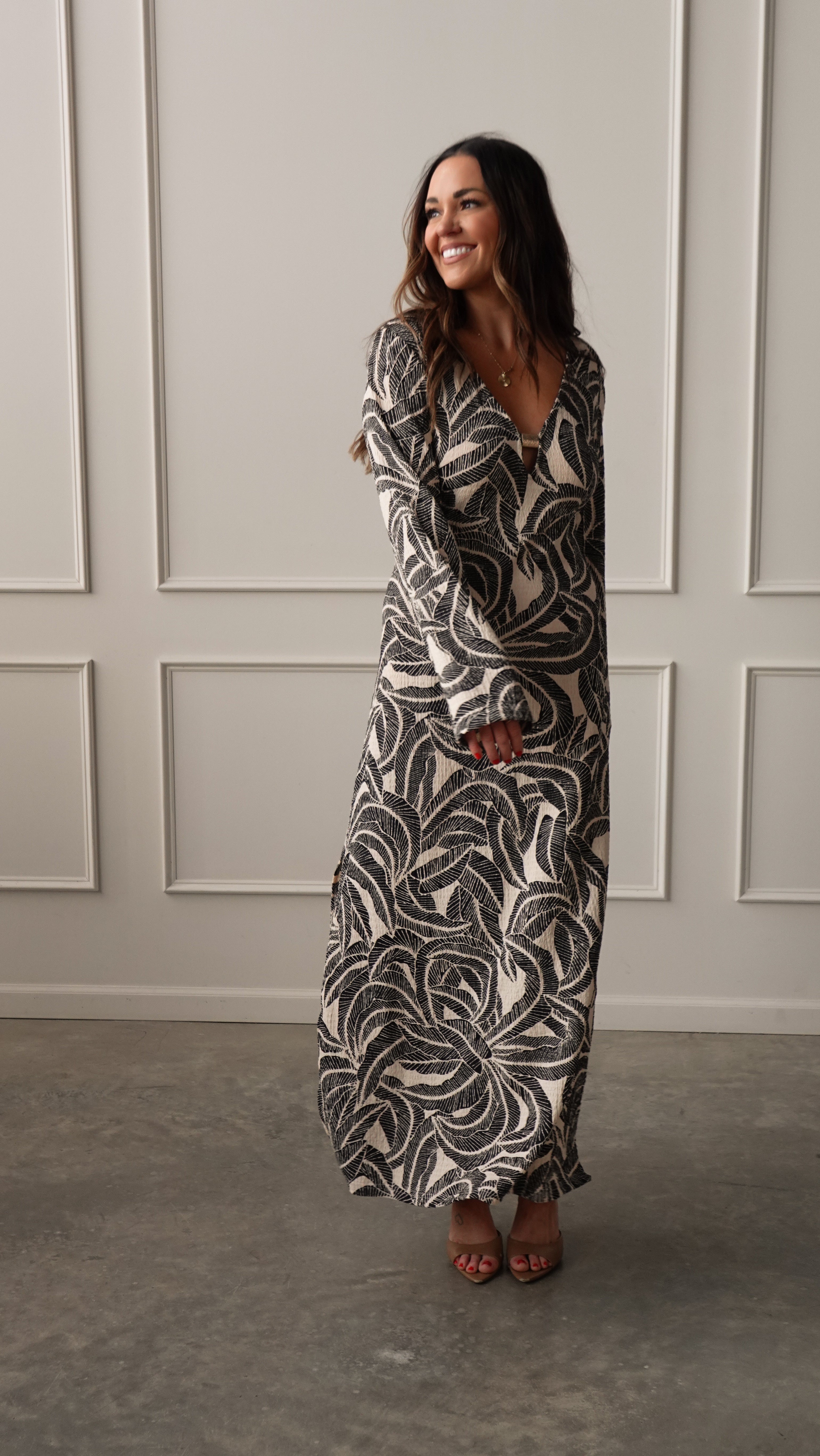 Midnight Palm Long Sleeve Dress | Elegant Women's Fashion by coolavocek