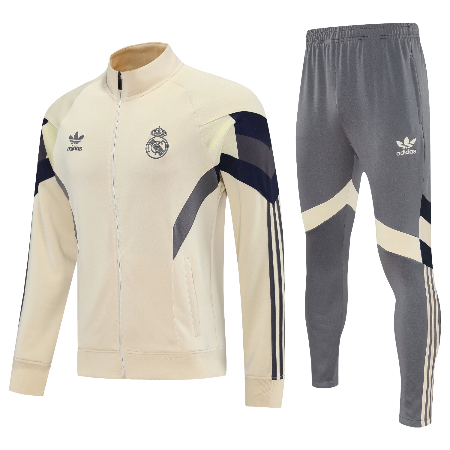 AlphaJersey-Real Madrid 25-26 Throwback Jacket Training Tracksuit - Off-white Jackets & Grey Pants