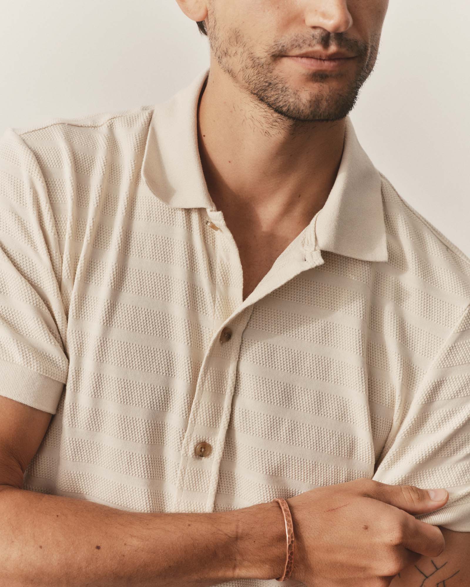 The Bywater Polo in Natural Knit Stripe | Modern Menswear by yycbvcnbmmnbm